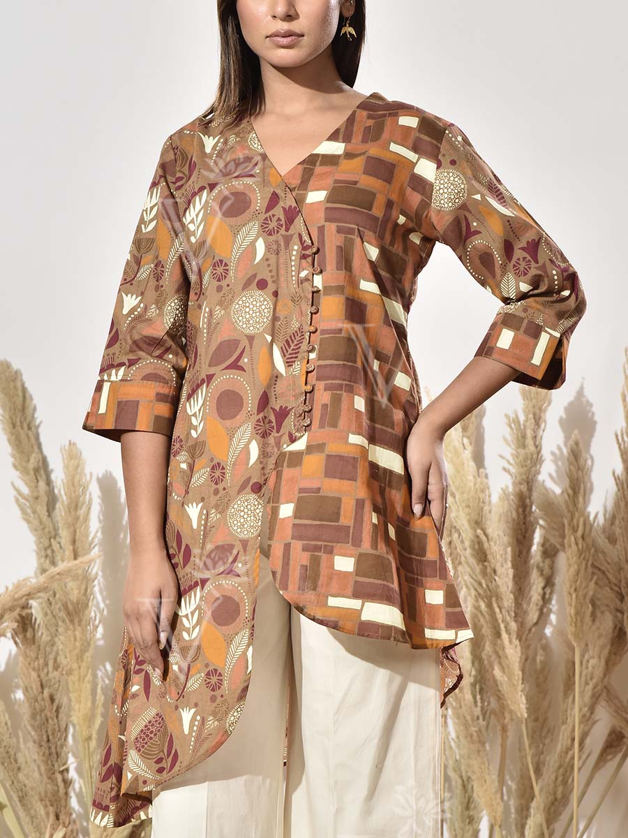Brown Cotton Printed Asymmetric Kurta
