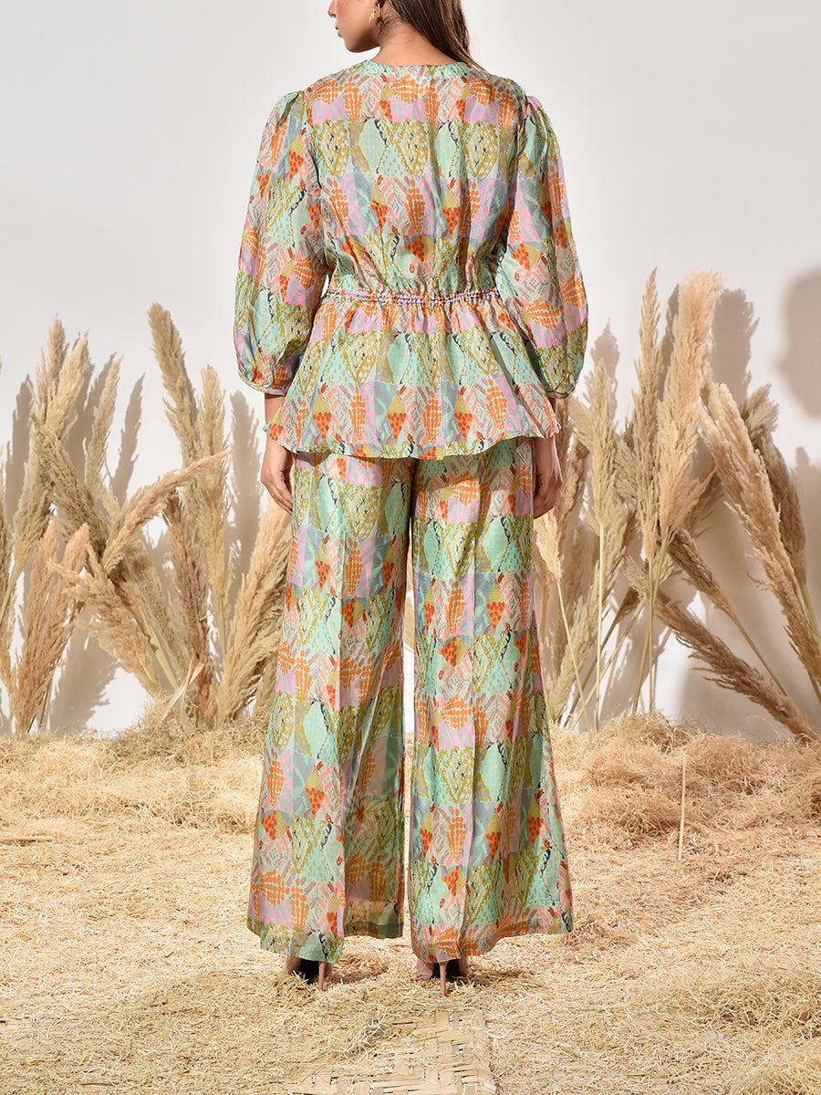 Green Silk Printed Co Ord Set