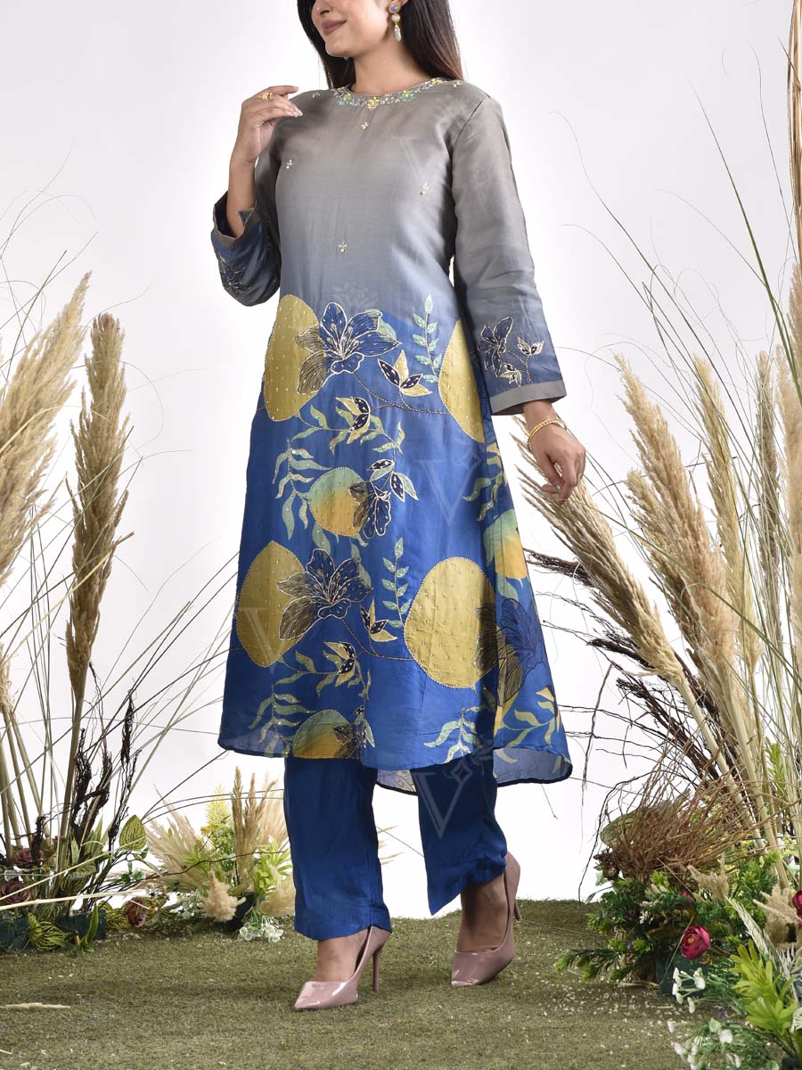 Blue and Grey Embroidered Vasansi Silk Printed Kurta and Pant set