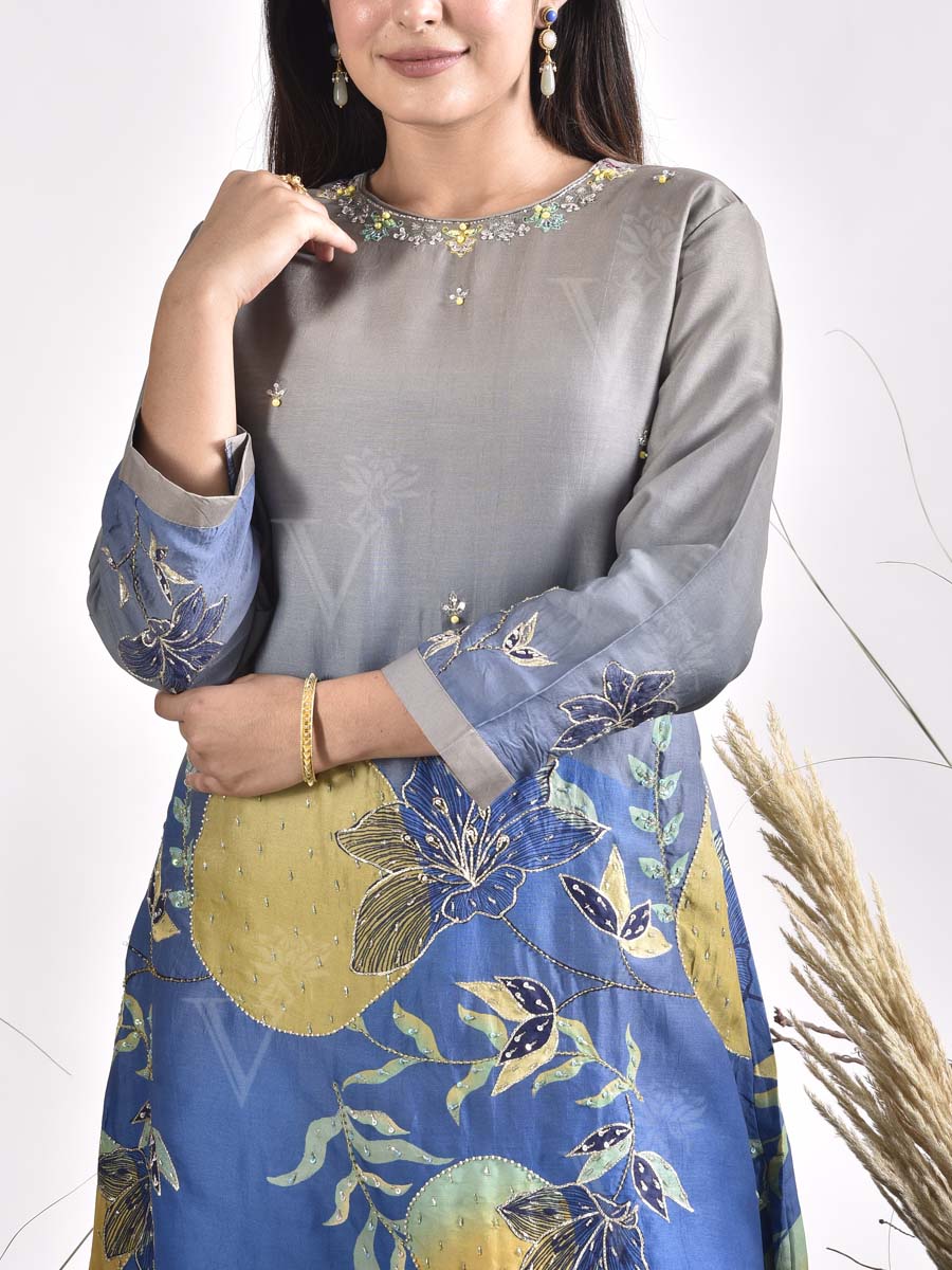 Blue and Grey Embroidered Vasansi Silk Printed Kurta and Pant set