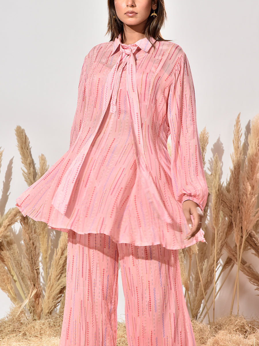 Pink Green Wrinkle Chiffon Bustier and Pant Set