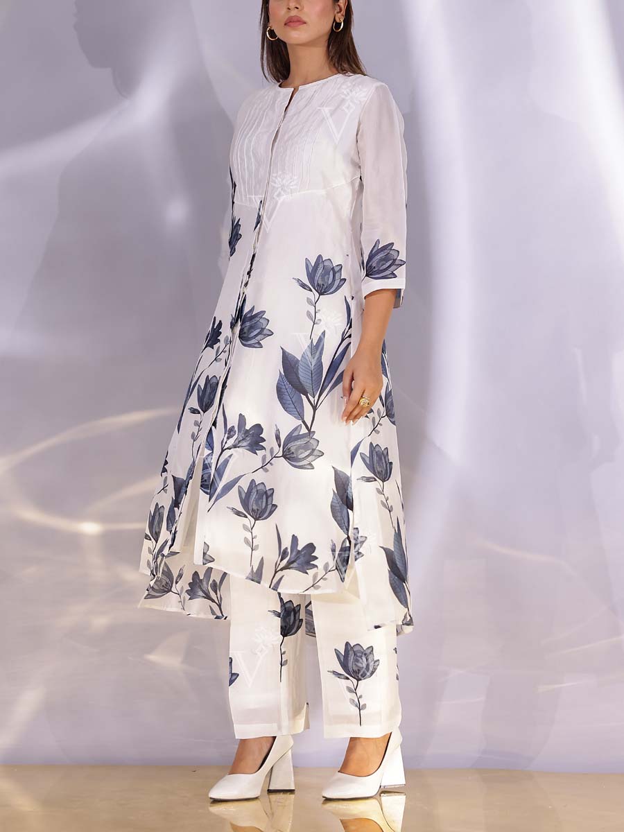 White and Dark Grey Vasansi Silk Kurta Set
