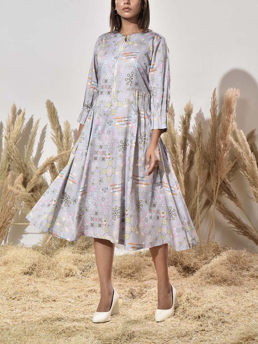 Grey Cotton Printed Dress