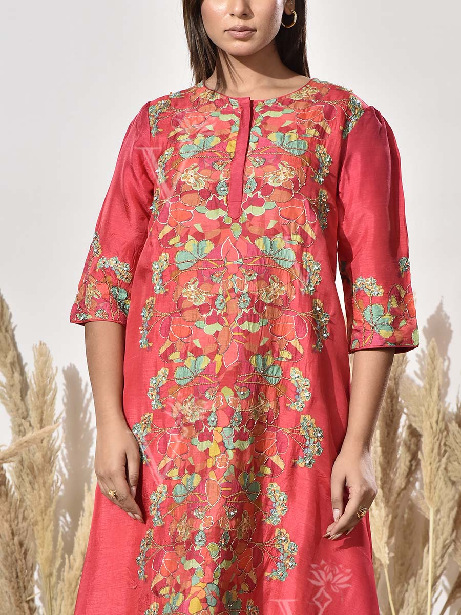 Red Embroidered Vasansi Silk Kurta and Pant Set