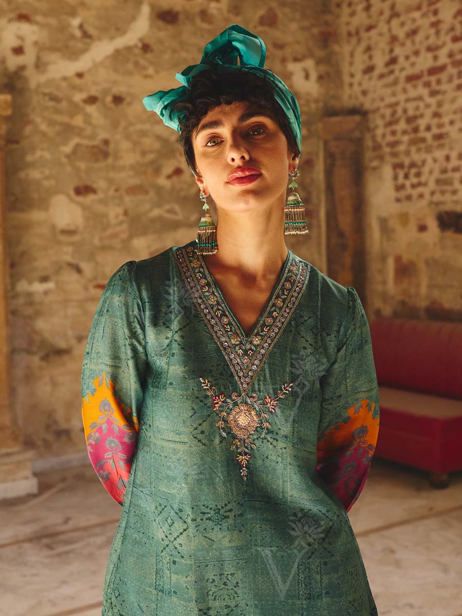 Green Vasansi Silk Embroidered Kurta and Pant Set