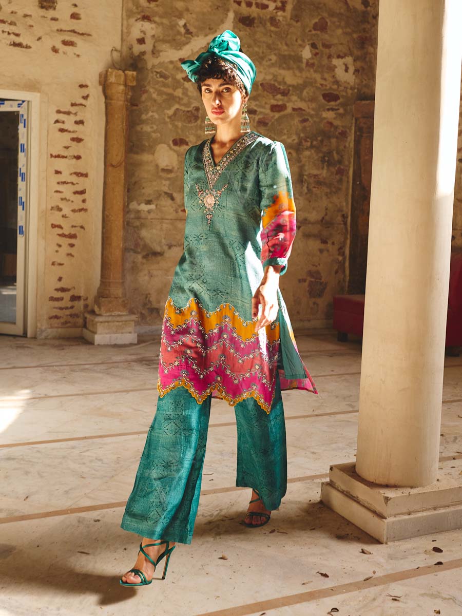 Green Vasansi Silk Embroidered Kurta and Pant Set
