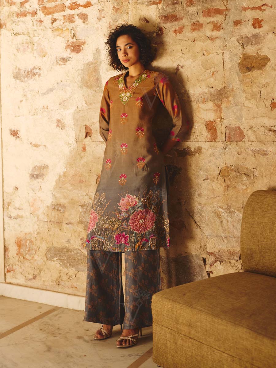 Brown Grey Vasansi Silk Embroidered Kurta and Pant Set