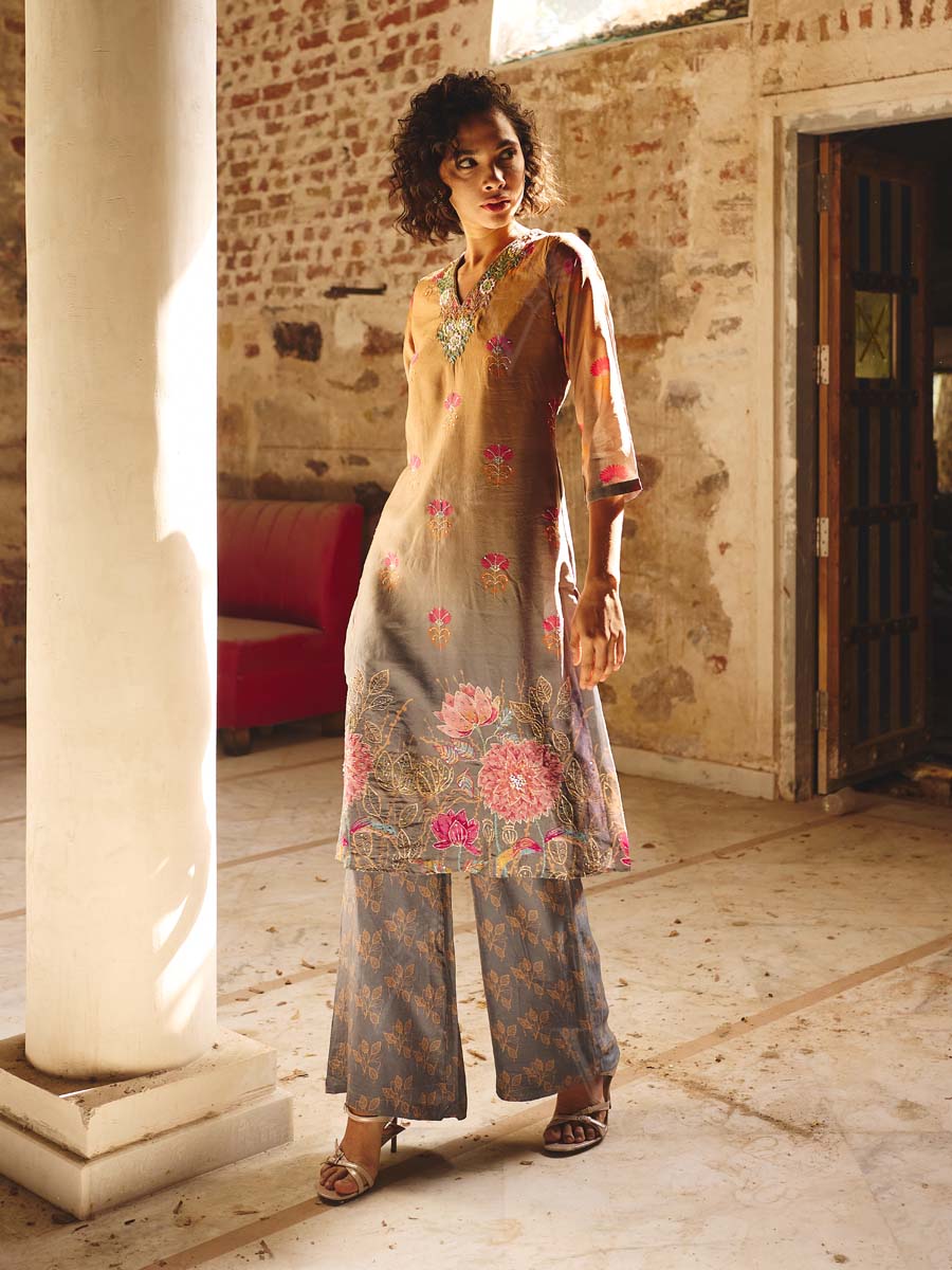 Brown Grey Vasansi Silk Embroidered Kurta and Pant Set