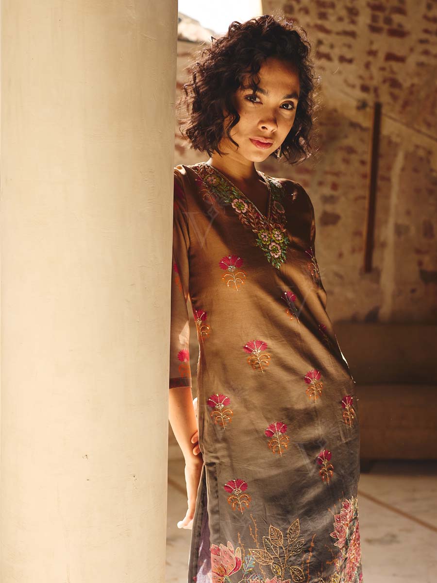 Brown Grey Vasansi Silk Embroidered Kurta and Pant Set