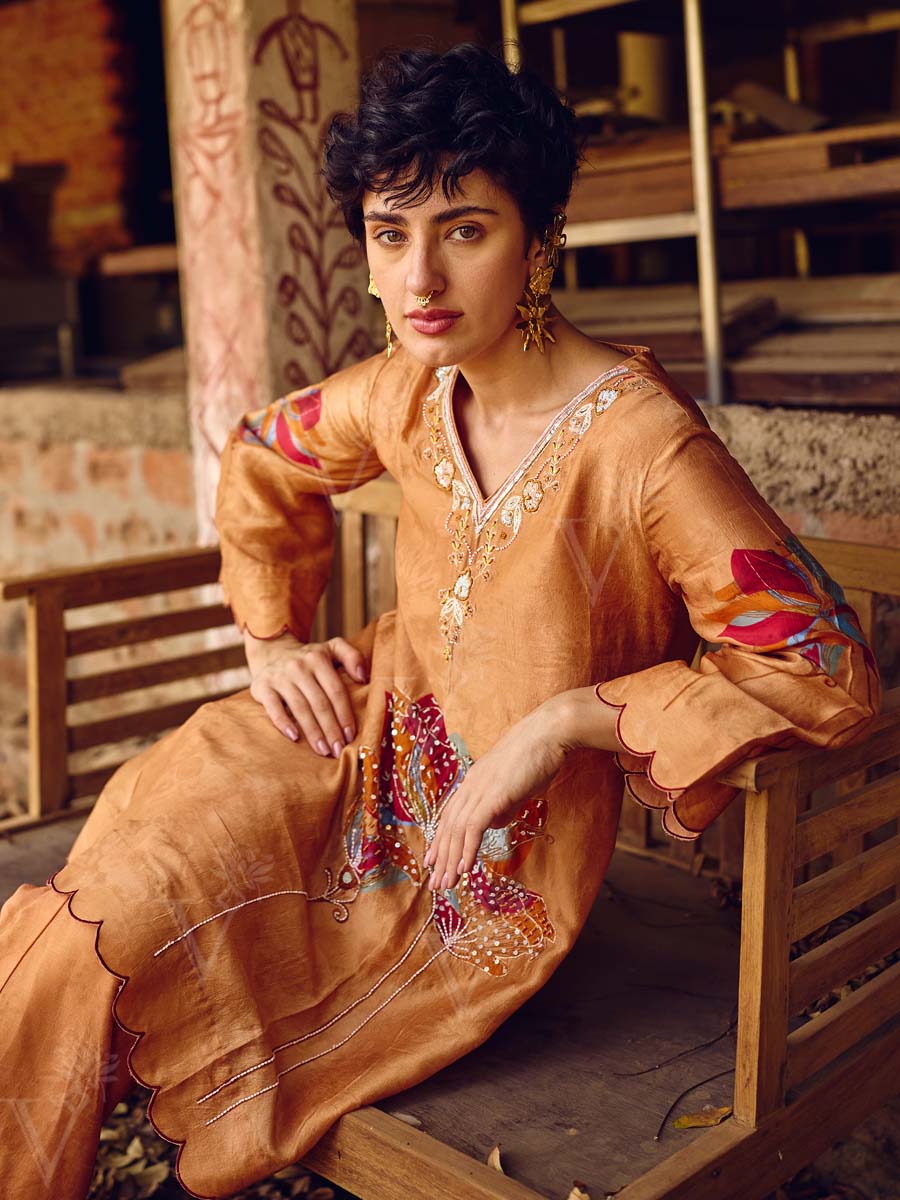 Orange Vasansi Silk Embroidered Tunic Pants set