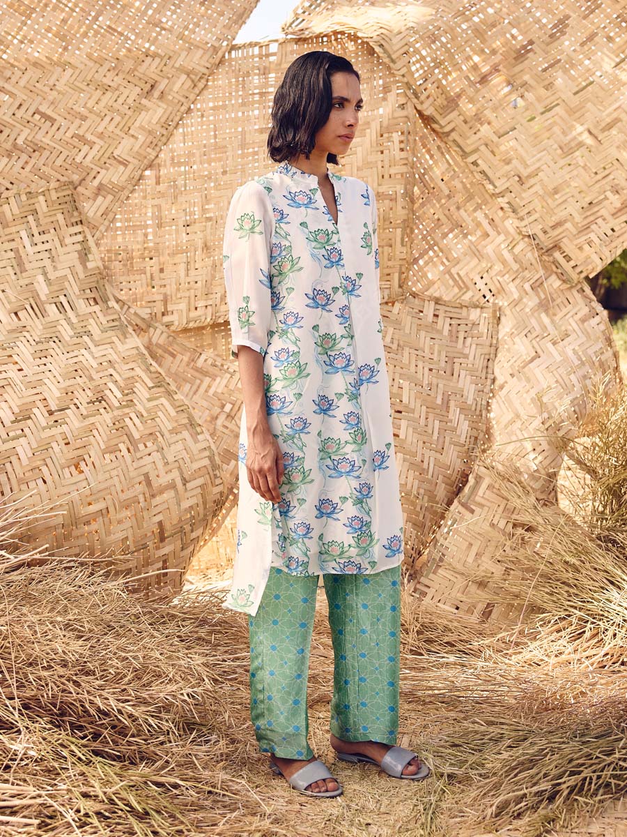 White and Green Vasansi Silk Printed Co Ord Set
