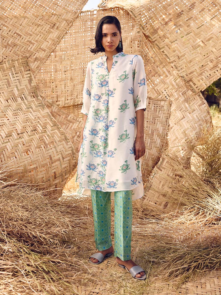 White and Green Vasansi Silk Printed Co Ord Set