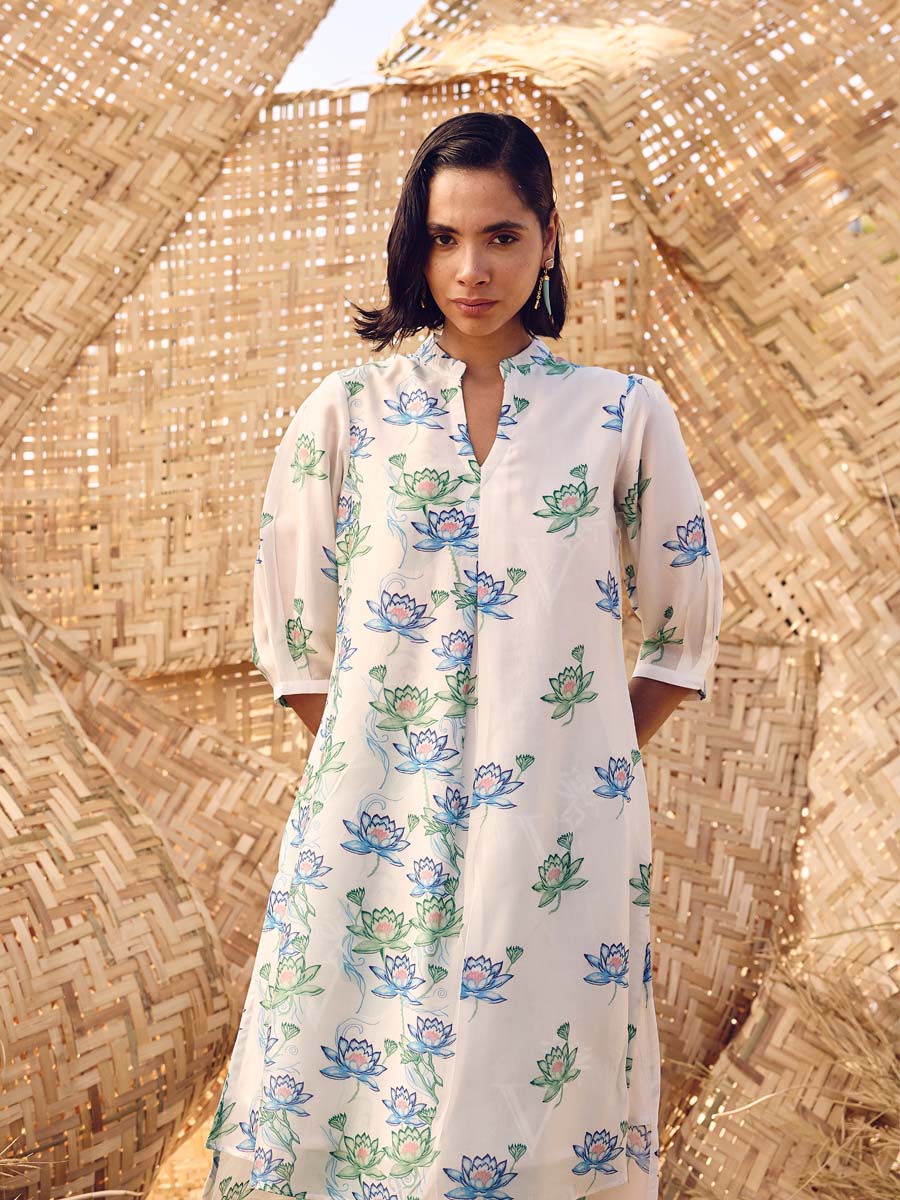White and Green Vasansi Silk Printed Co Ord Set
