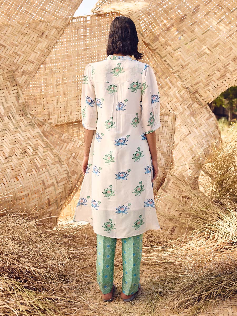 White and Green Vasansi Silk Printed Co Ord Set