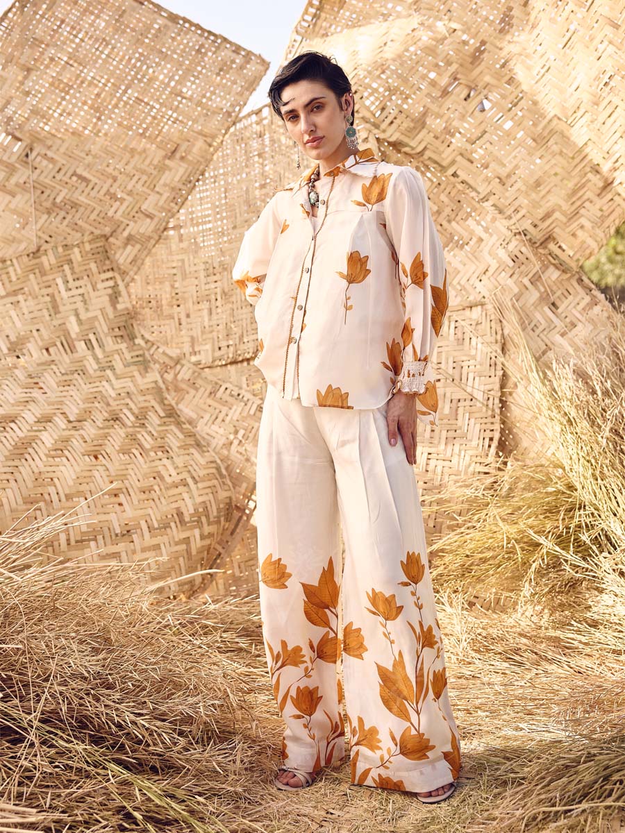 White and Yellow Vasansi Silk Co Ord Set