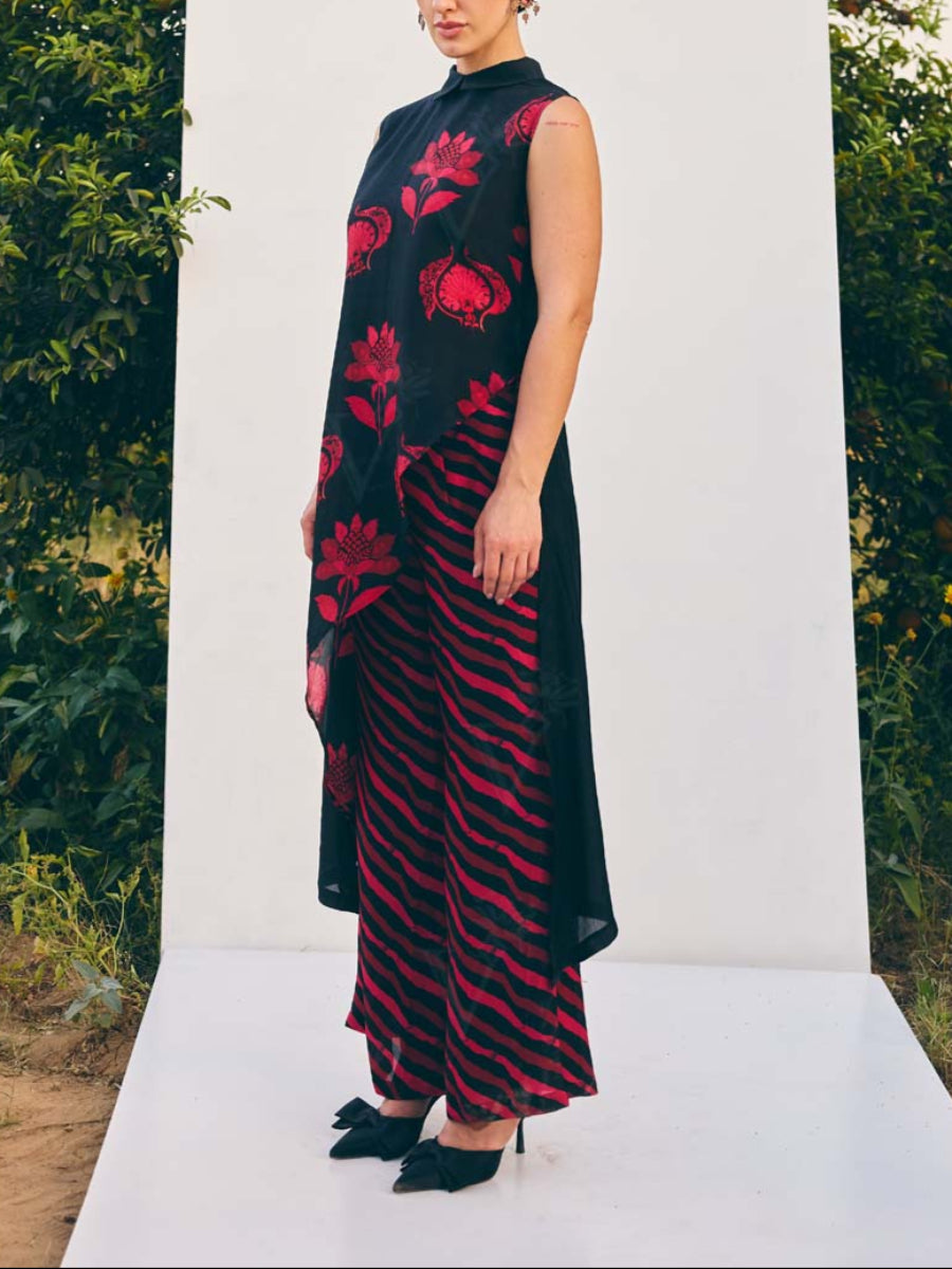 Red and Black Vasansi Silk Printed Co Ord Set
