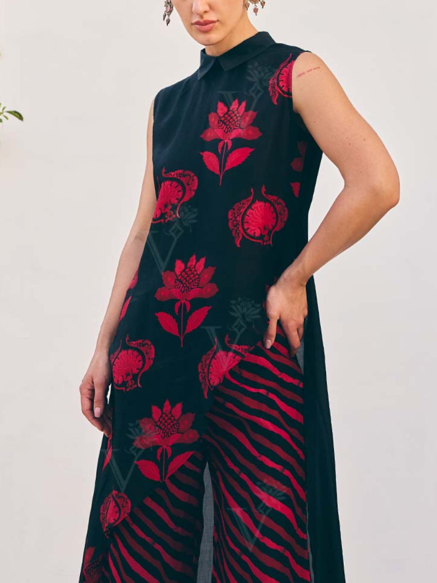 Red and Black Vasansi Silk Printed Co Ord Set