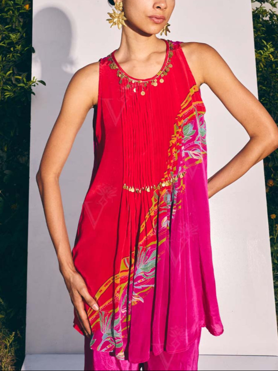Red and Pink Crepe Top and Bell Bottom Set