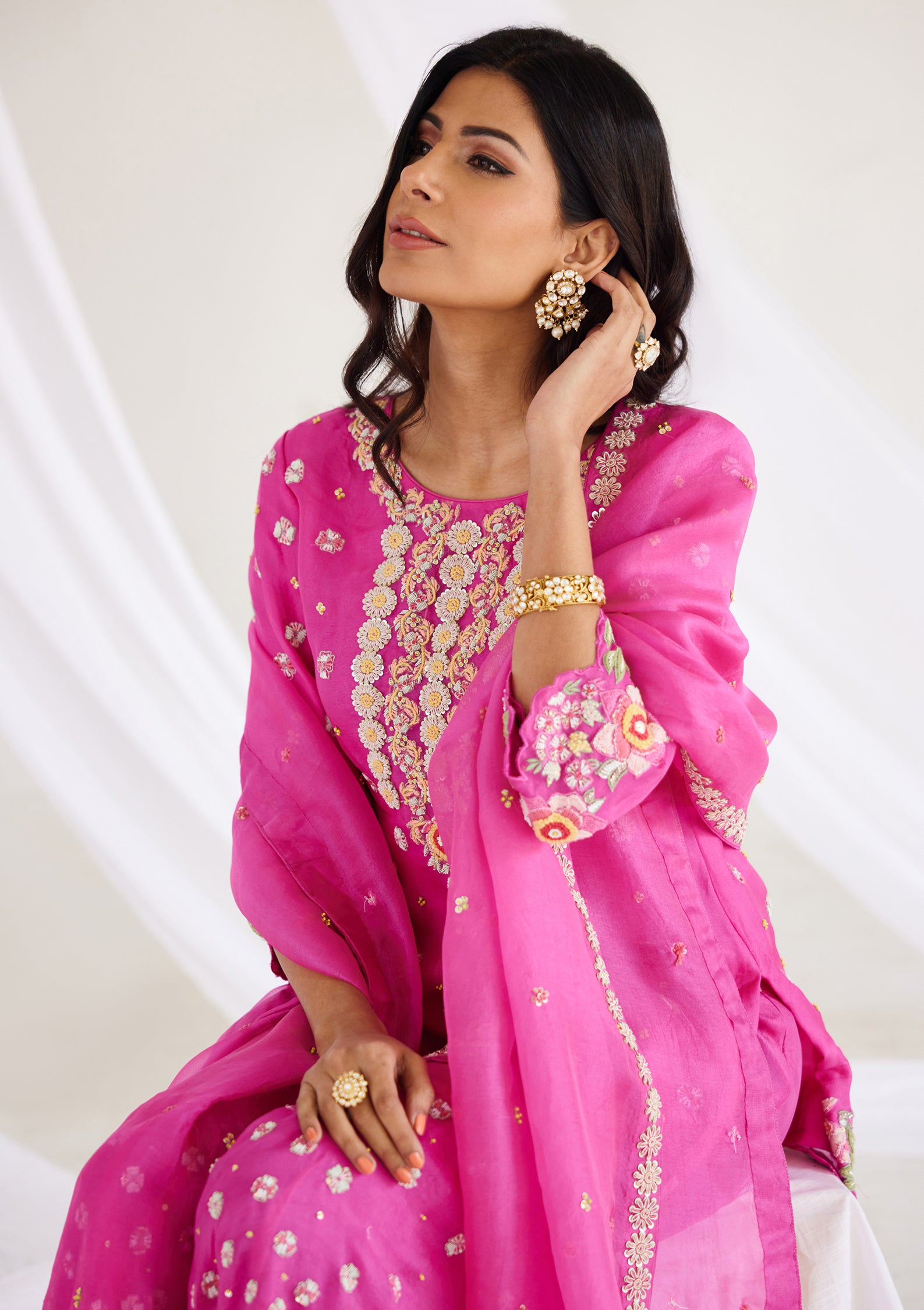 Fuchsia pink Kurta Sharara and Dupatta Set