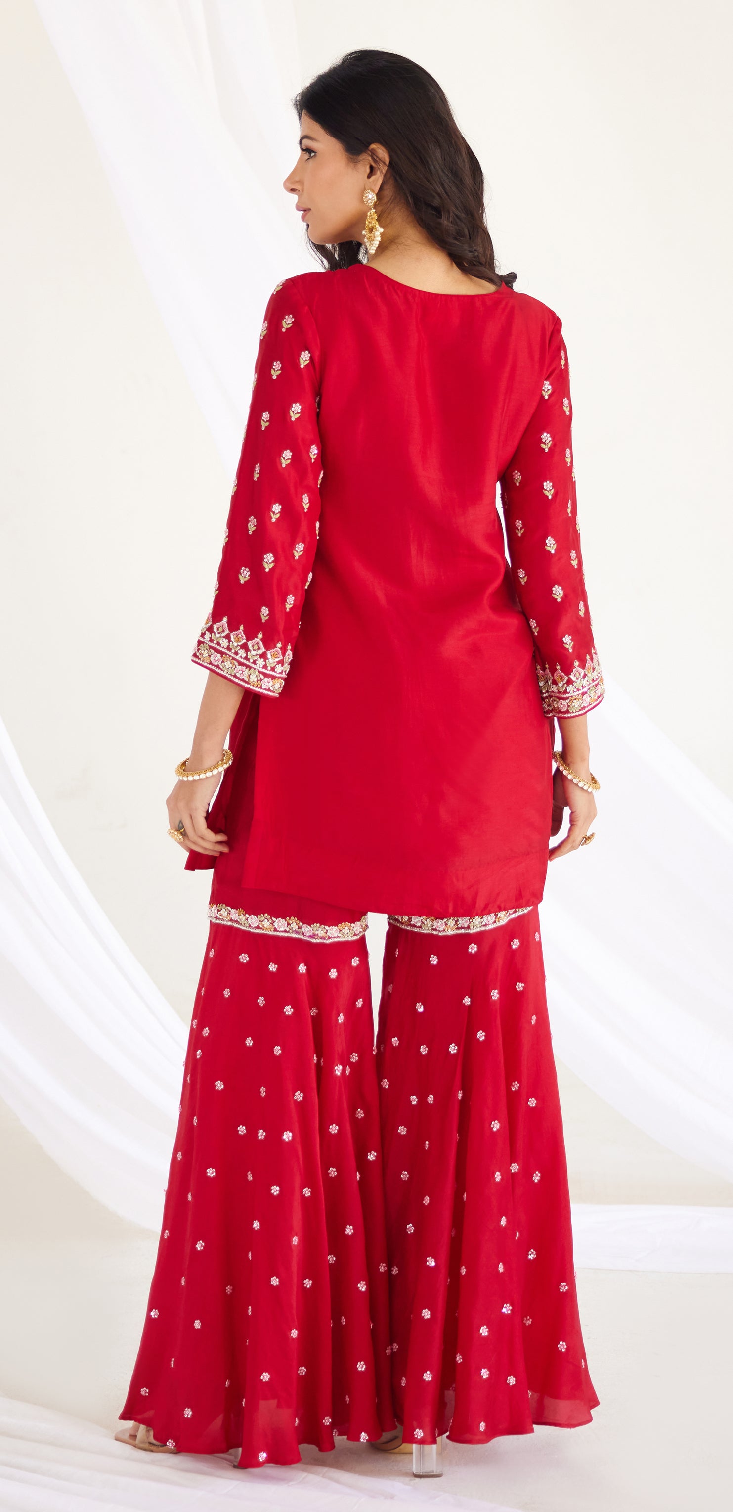 Cherry red kurta sharara set with organza dupatta