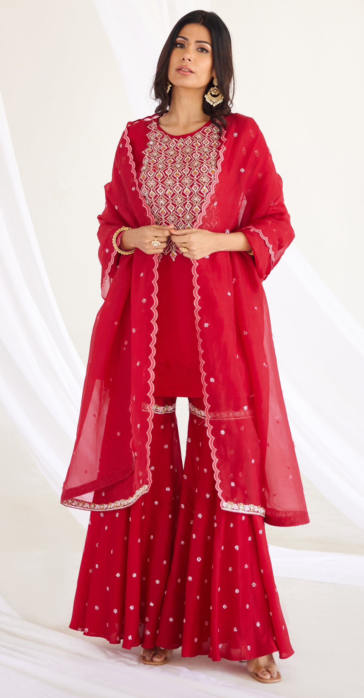 Cherry red kurta sharara set with organza dupatta