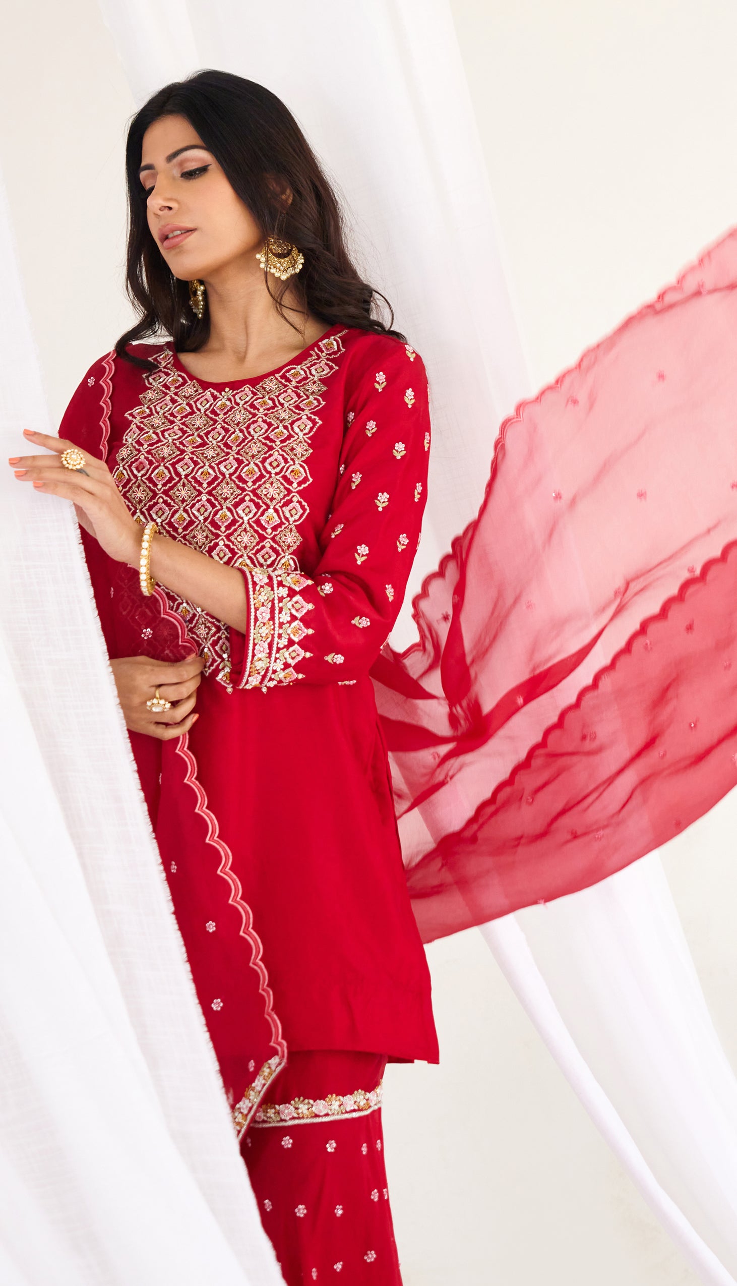 Cherry red kurta sharara set with organza dupatta