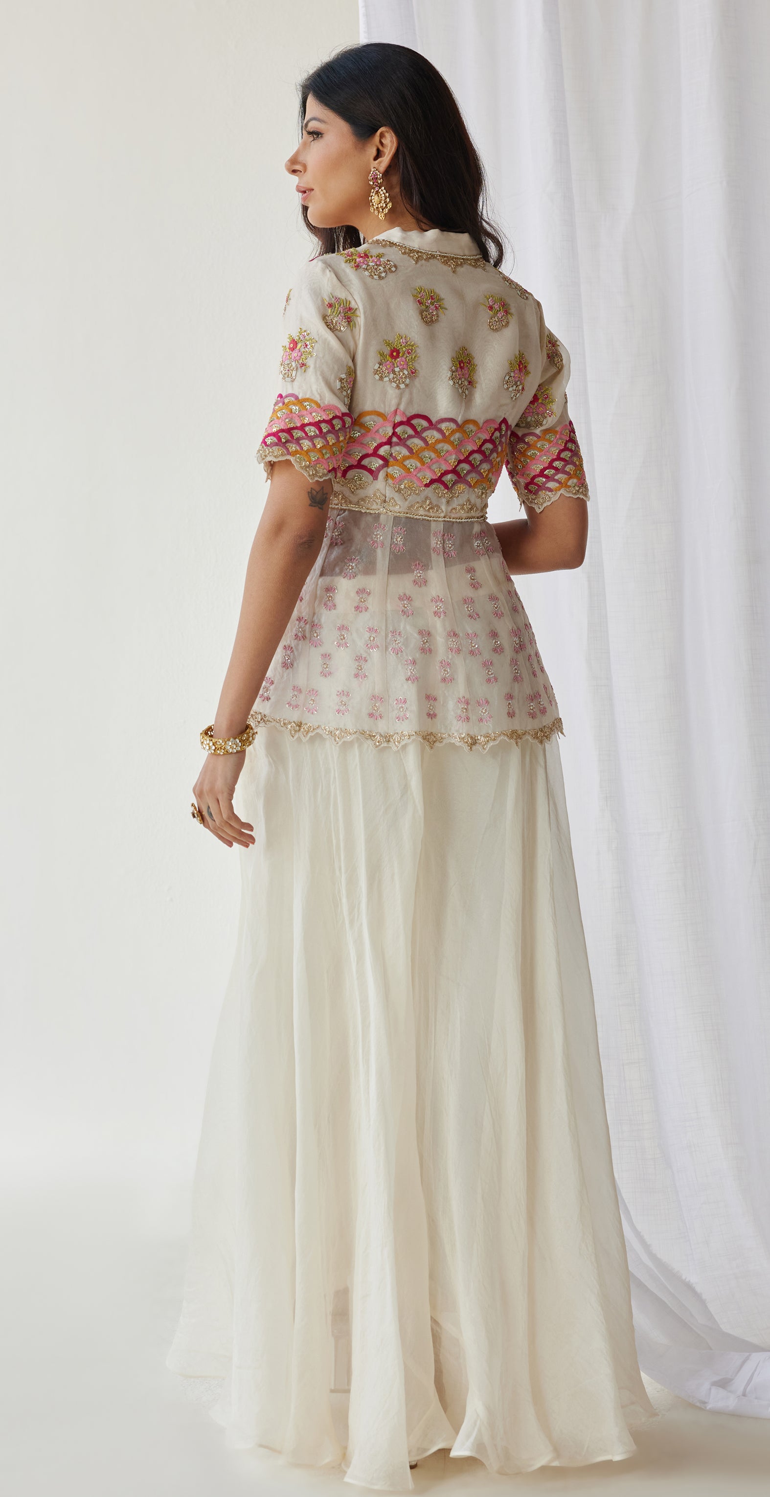 Off white peplum top and sharara with dupatta
