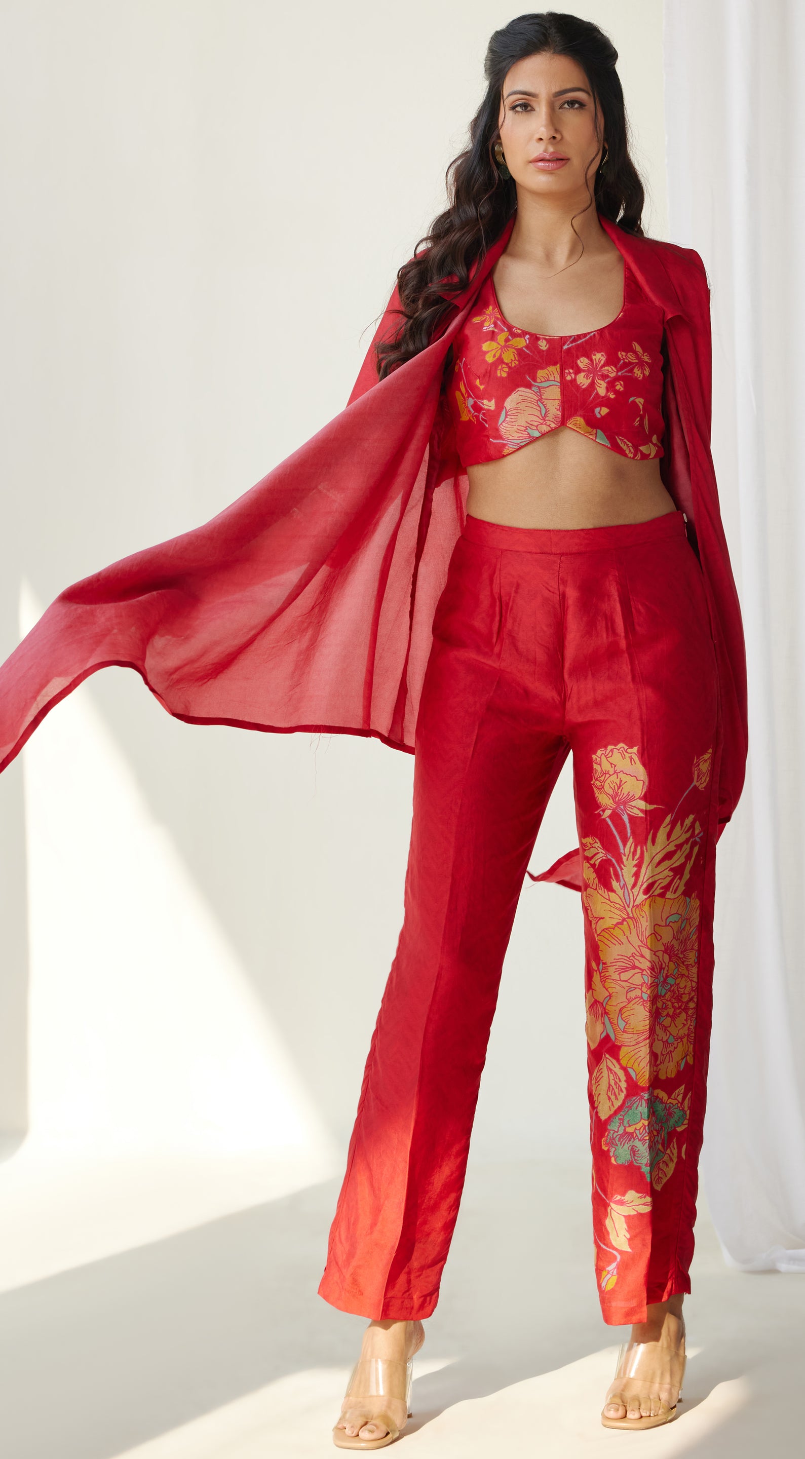 Red floral jacket bustier and pants set