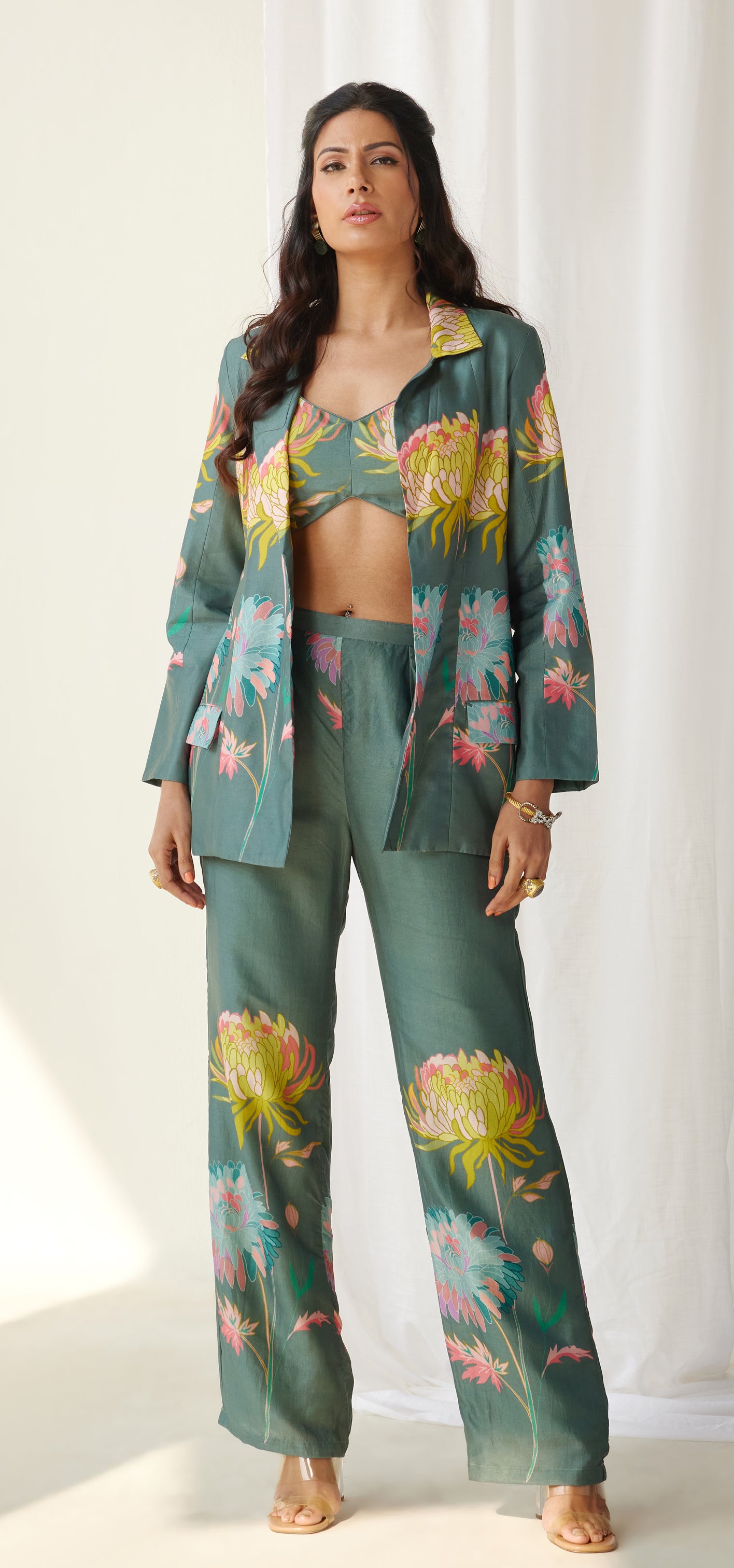 Floral blazer bustier and pants set