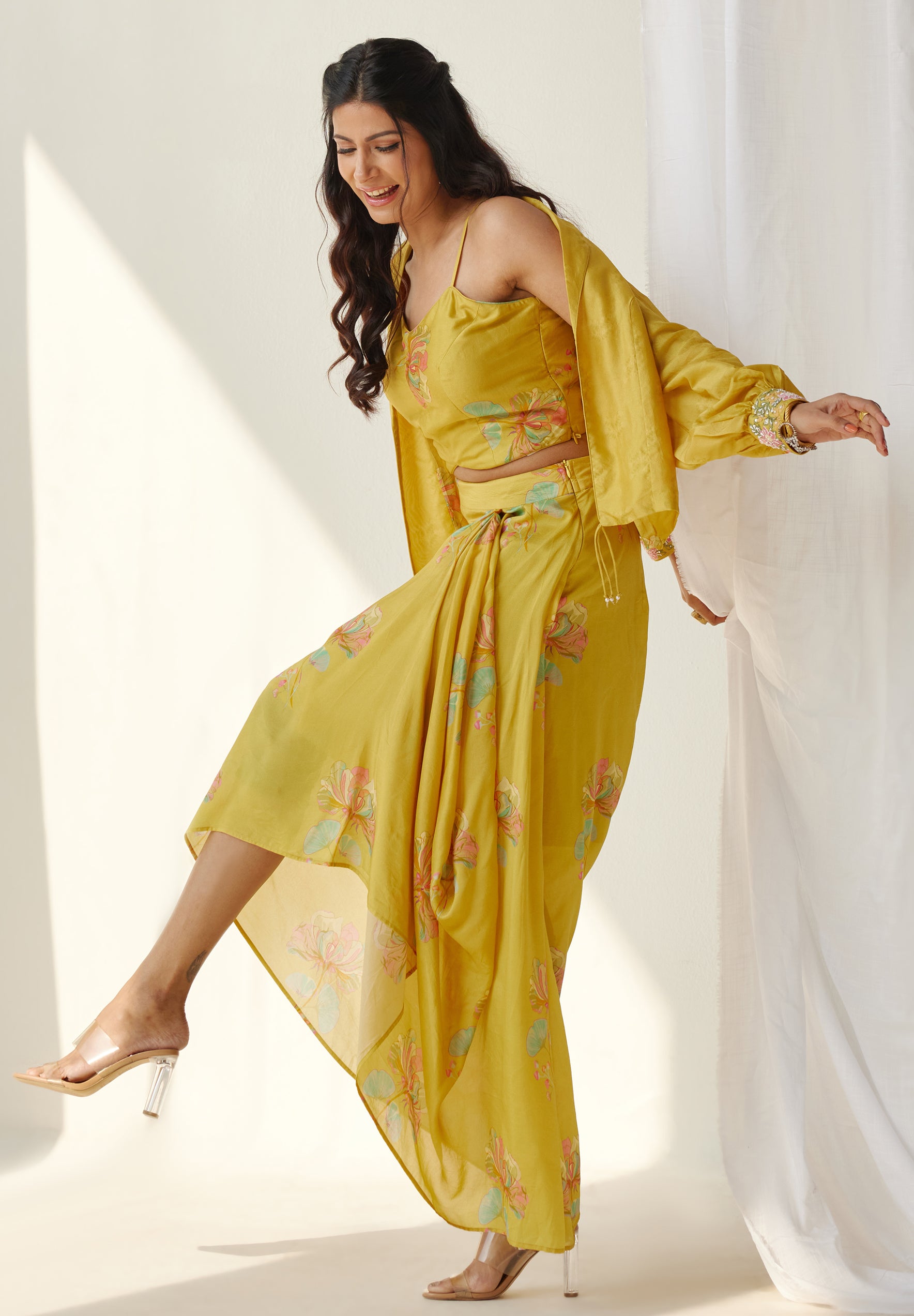 Yellow short jacket bustier and draped skirt set