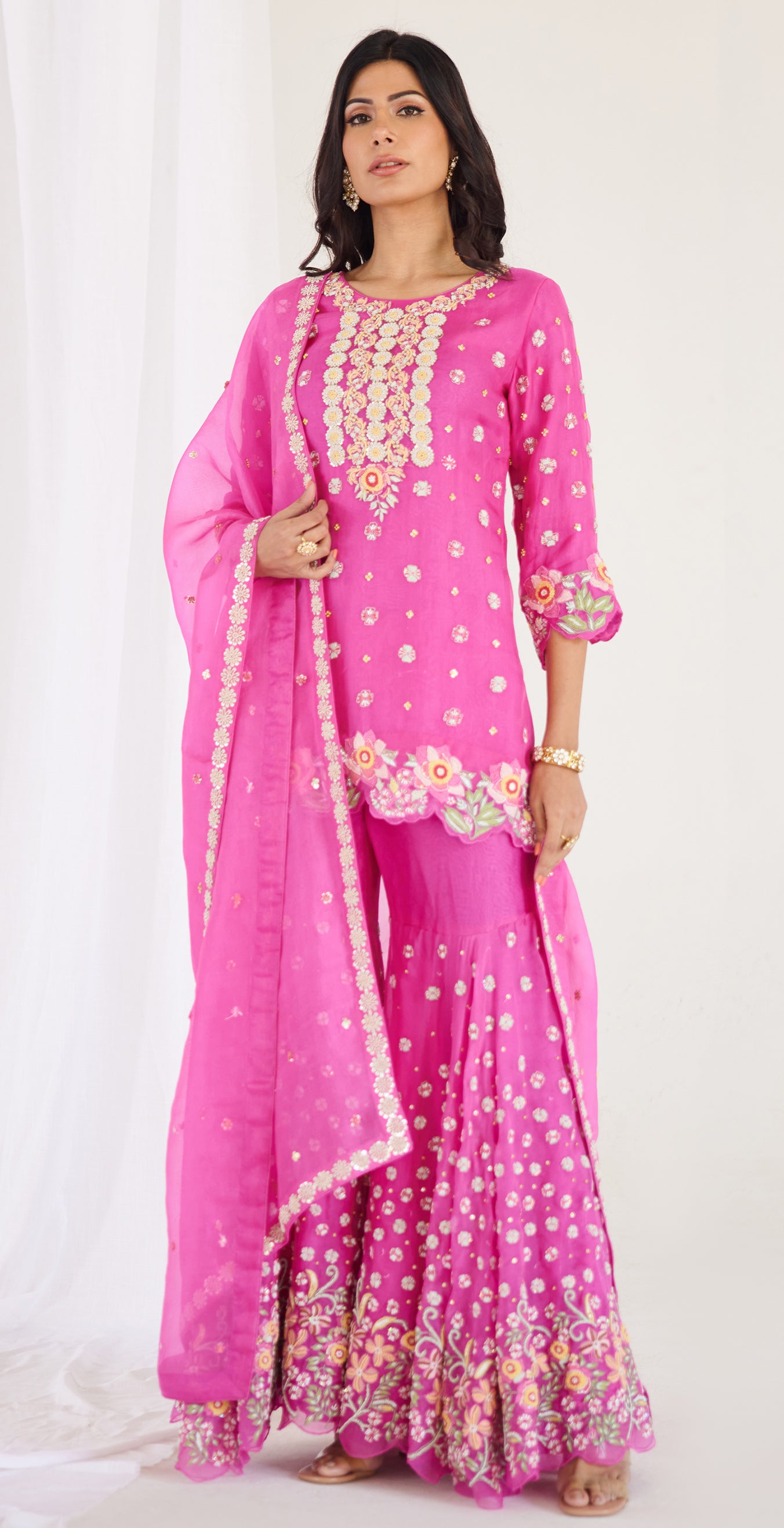 Fuchsia pink Kurta Sharara and Dupatta Set