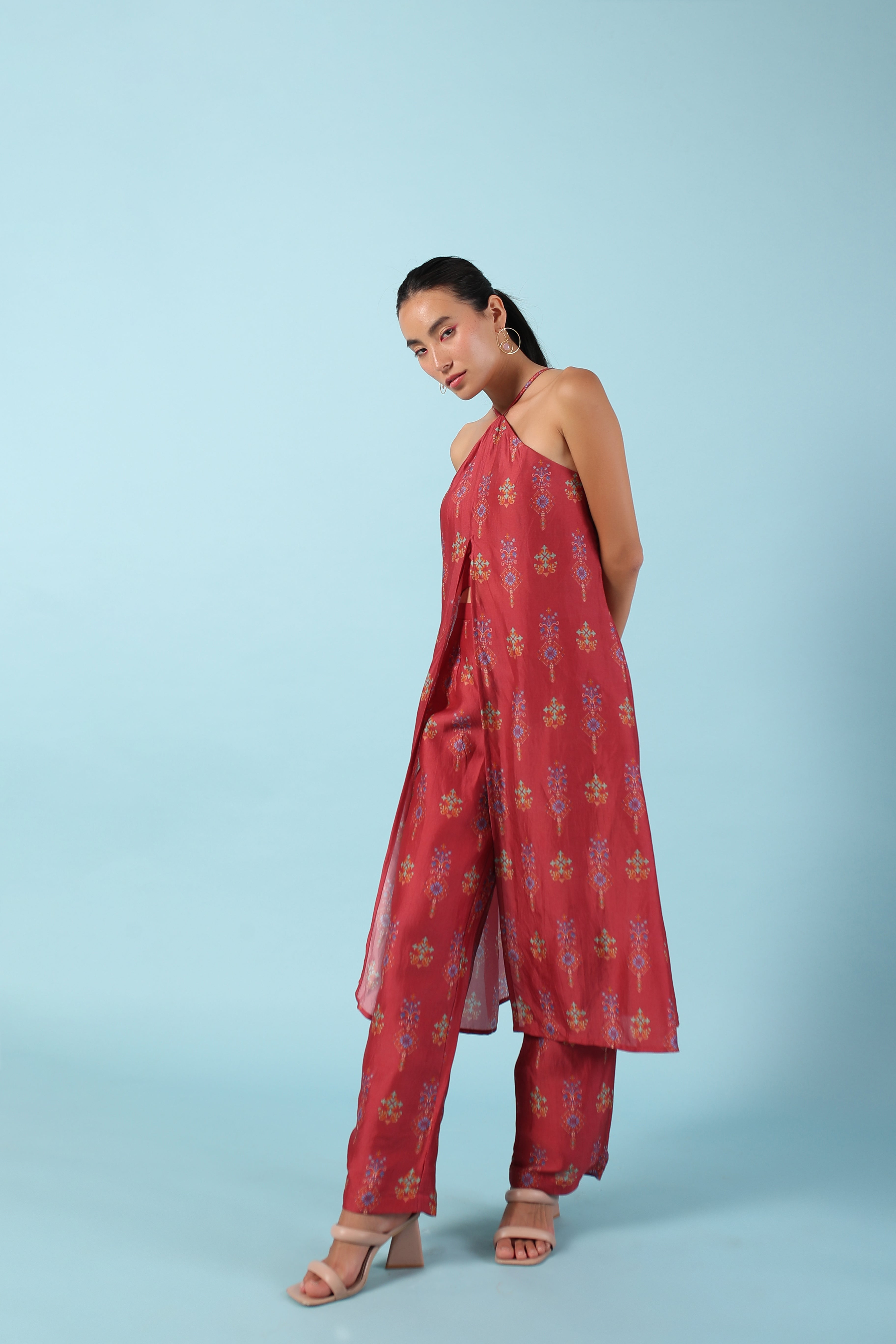 Scarlet red halter neck long tunic with pants