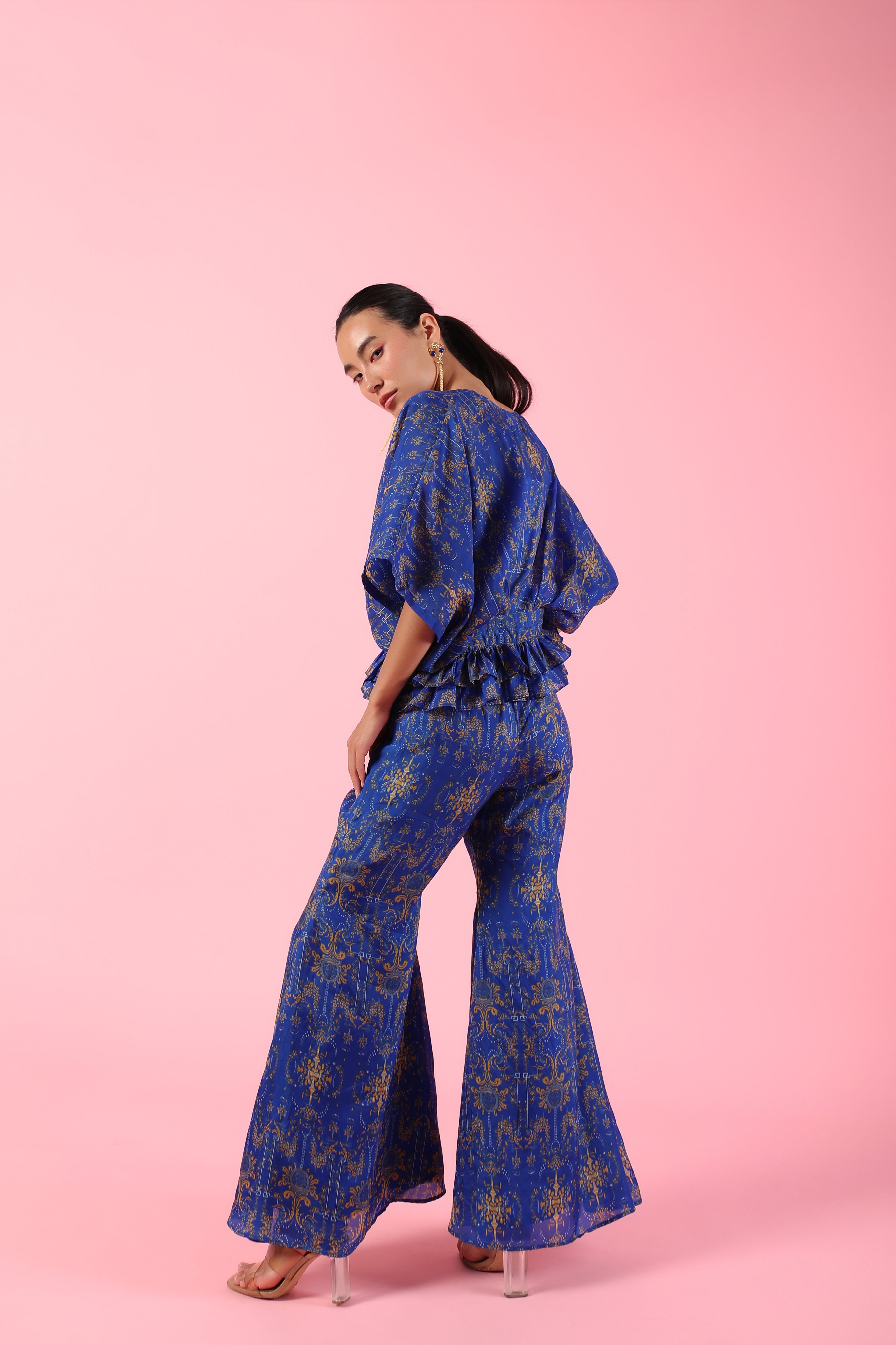 Indigo blue printed asymmetric three piece set