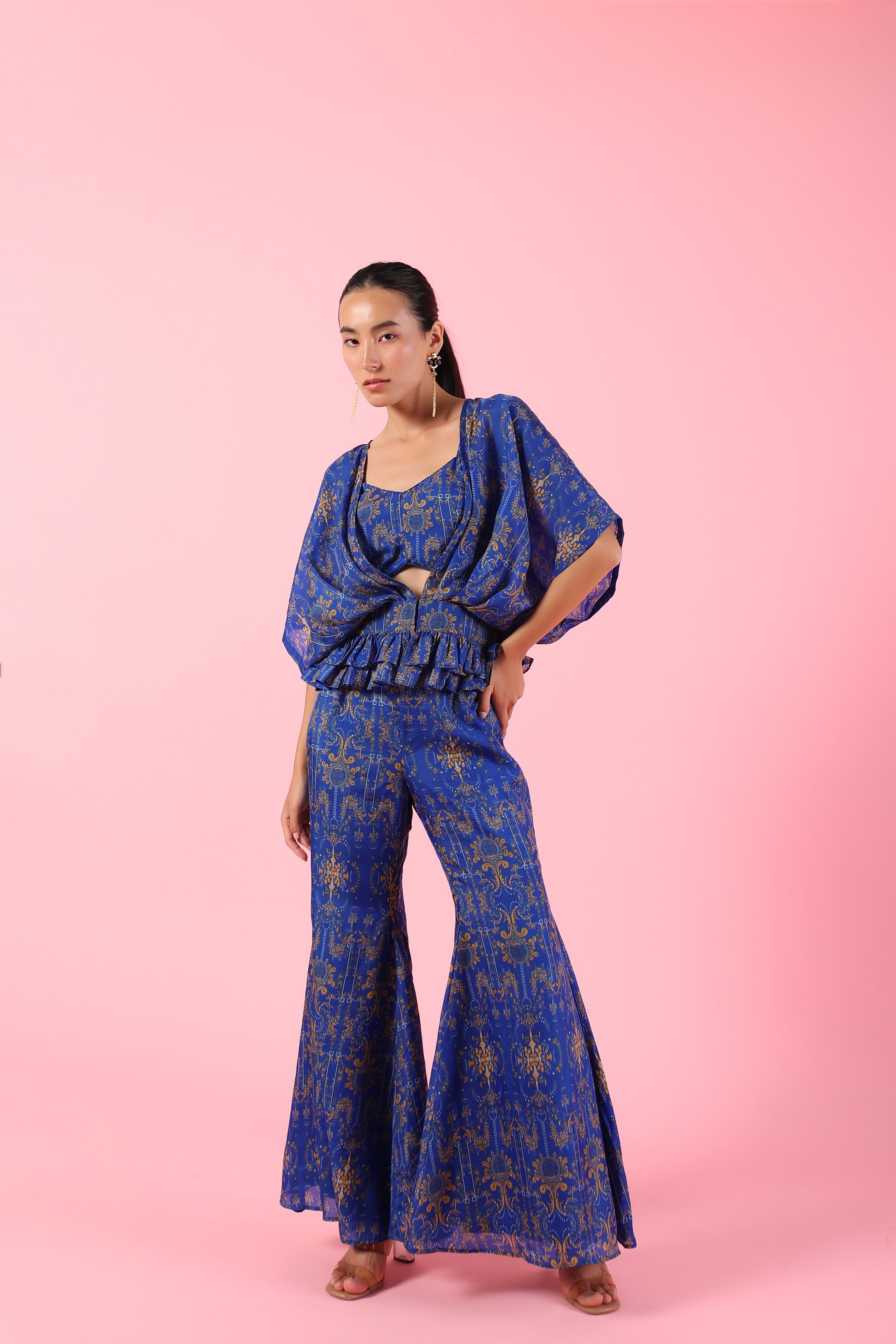 Indigo blue printed asymmetric three piece set