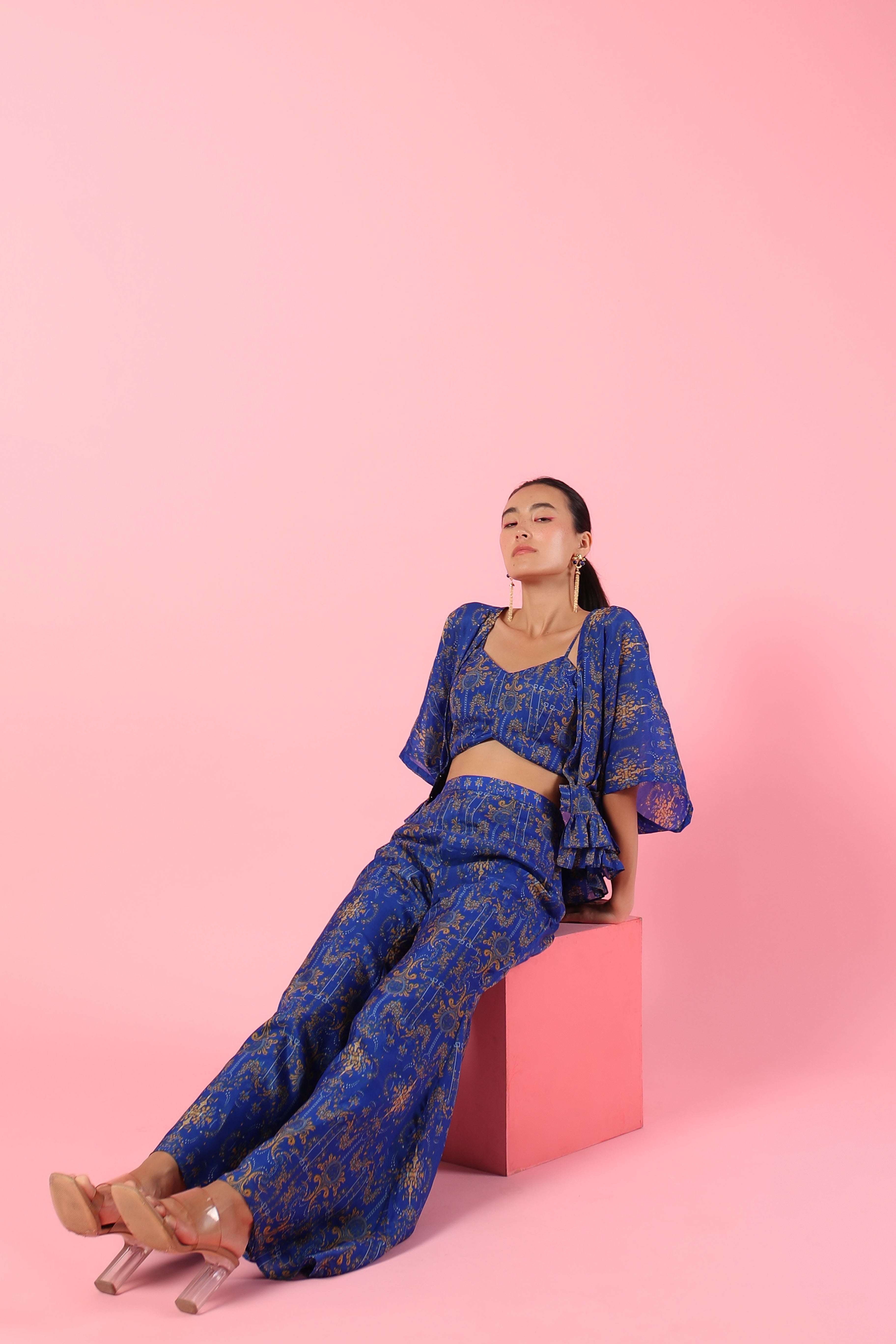 Indigo blue printed asymmetric three piece set