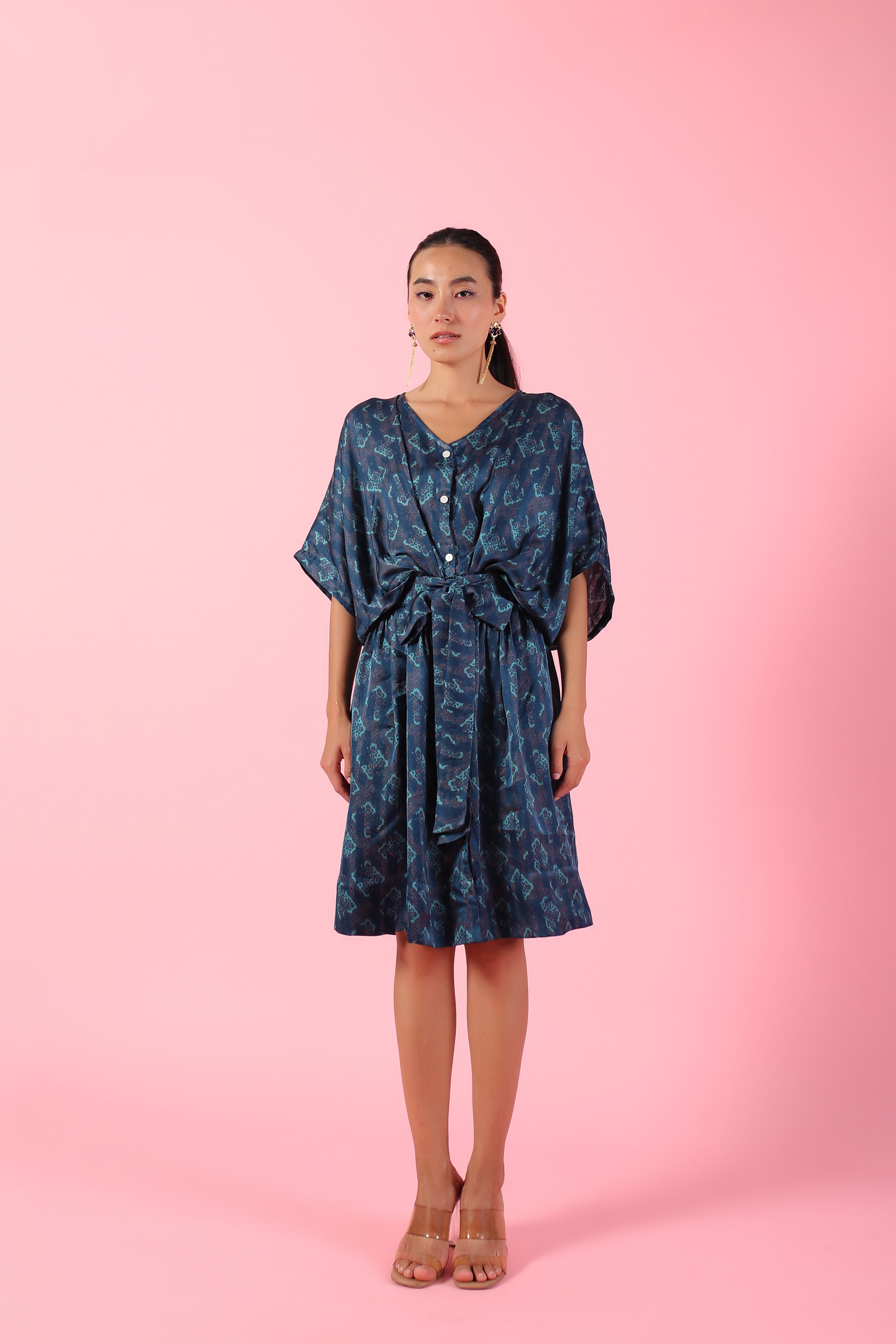 Blue Raglan sleeves printed knee length dress