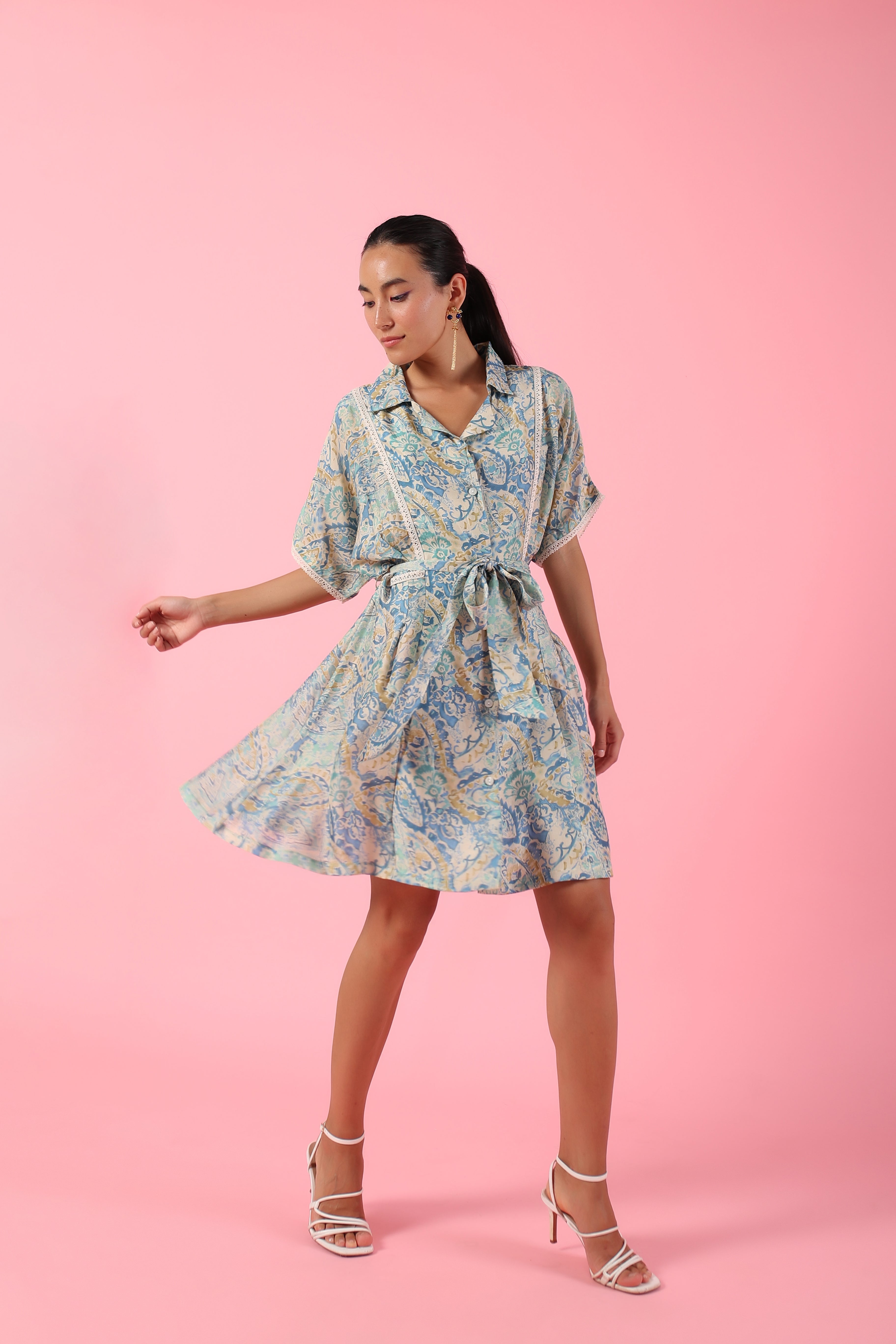 Pastel blue printed collared belted knee length dress Pastel blue printed collared belted knee length dress