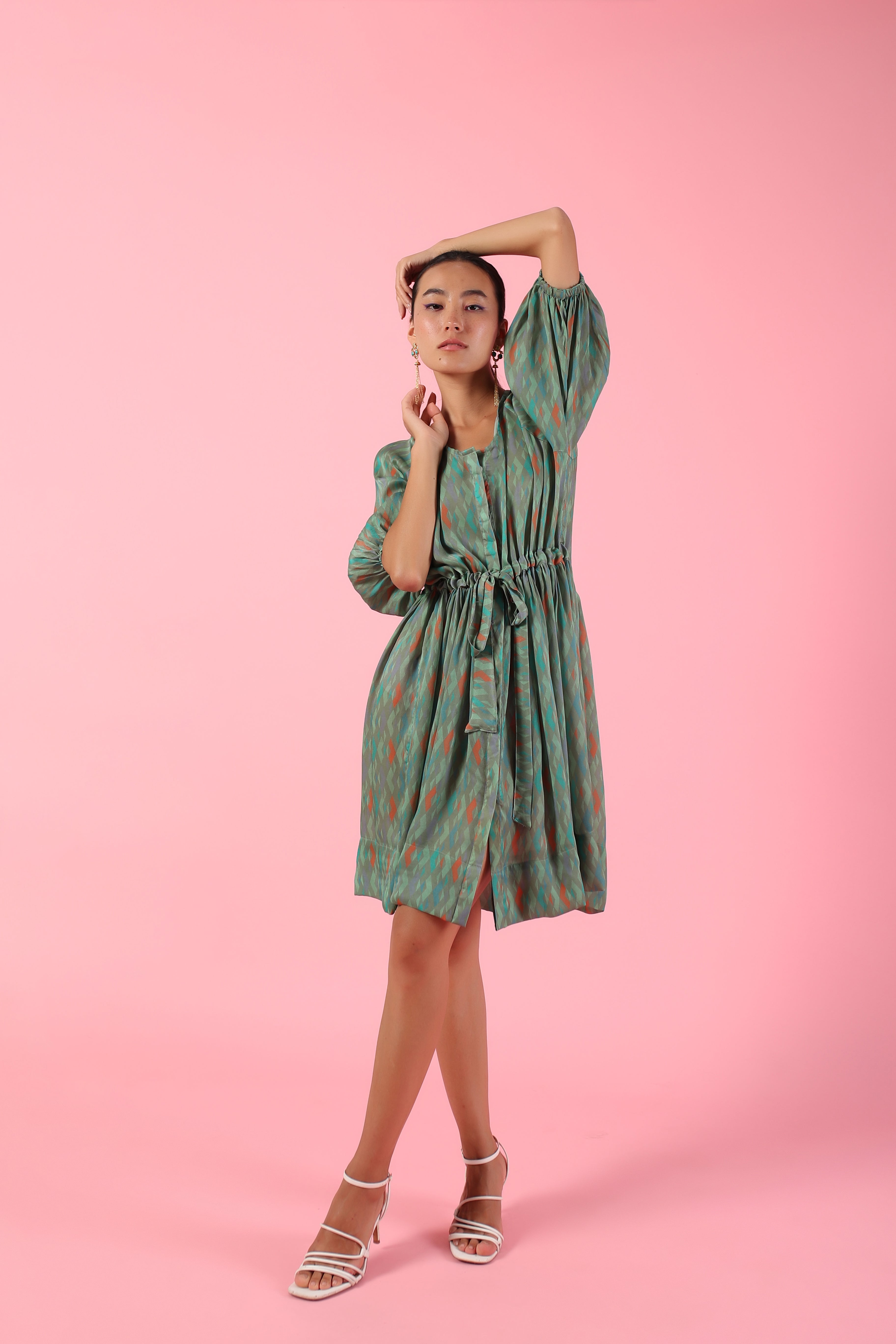 Green Raglan Sleeves Knee Length Dress