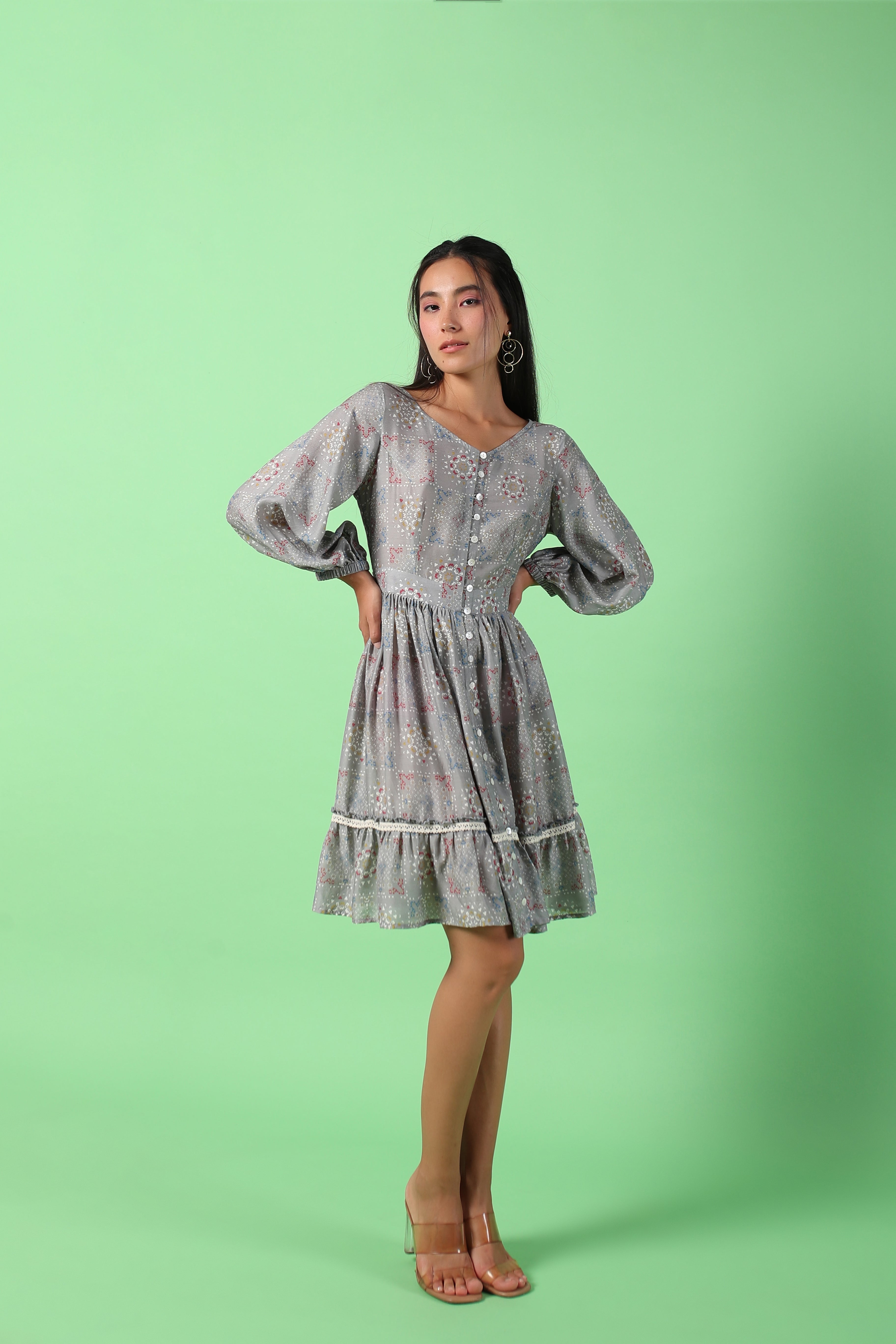 Grey printed button down dress