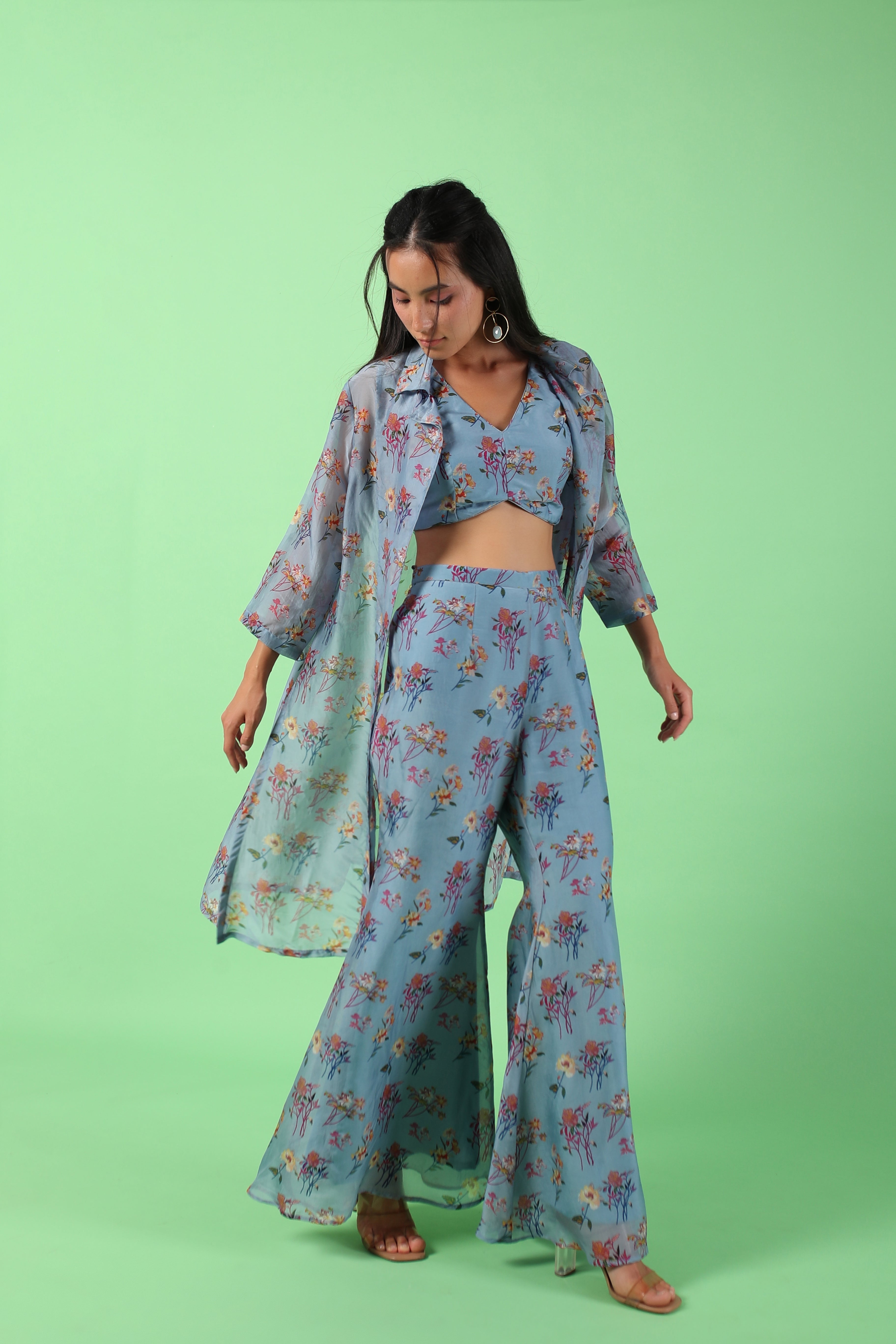 Pastel blue floral printed jacket bustier and pants set