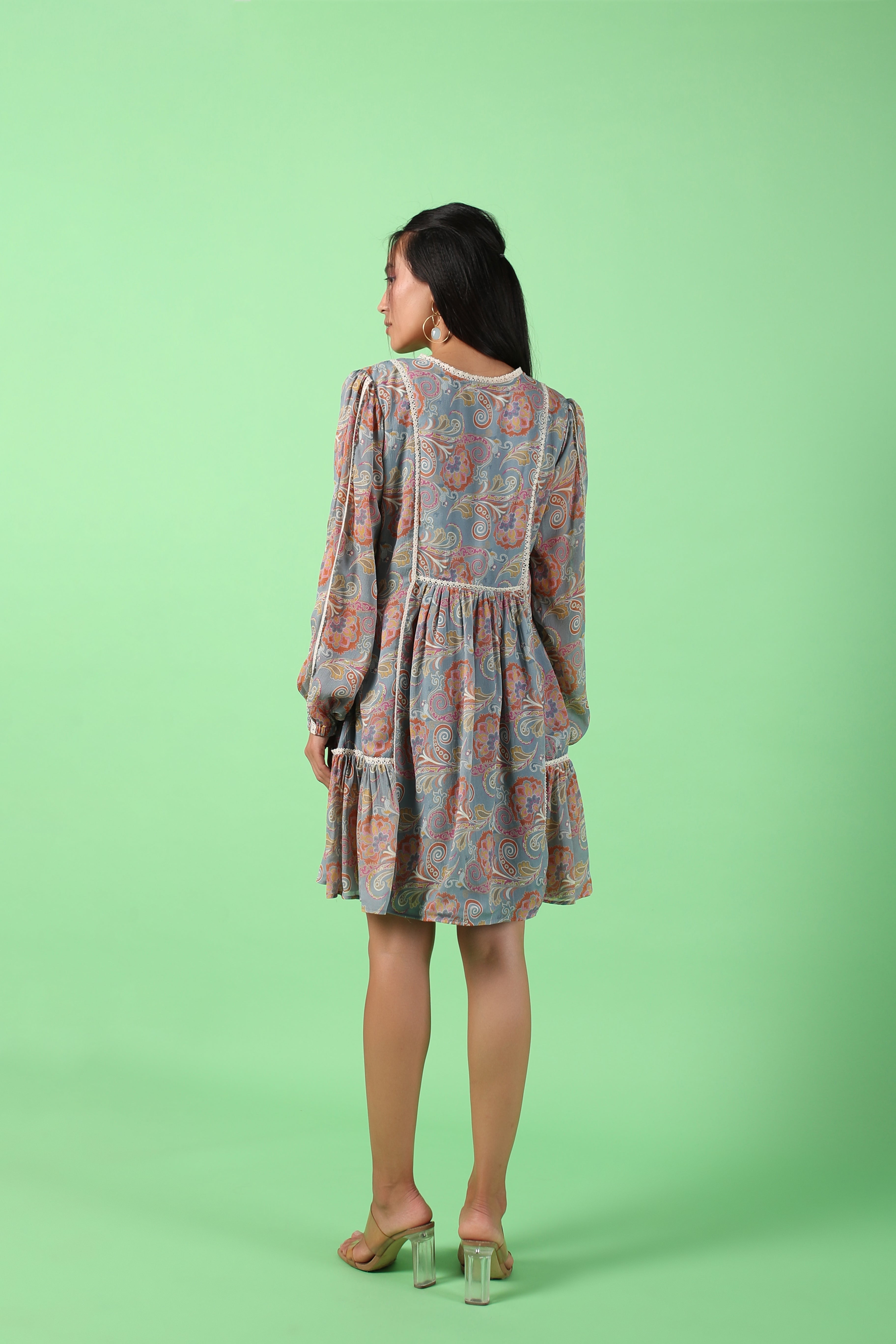 Blue printed knee length dress