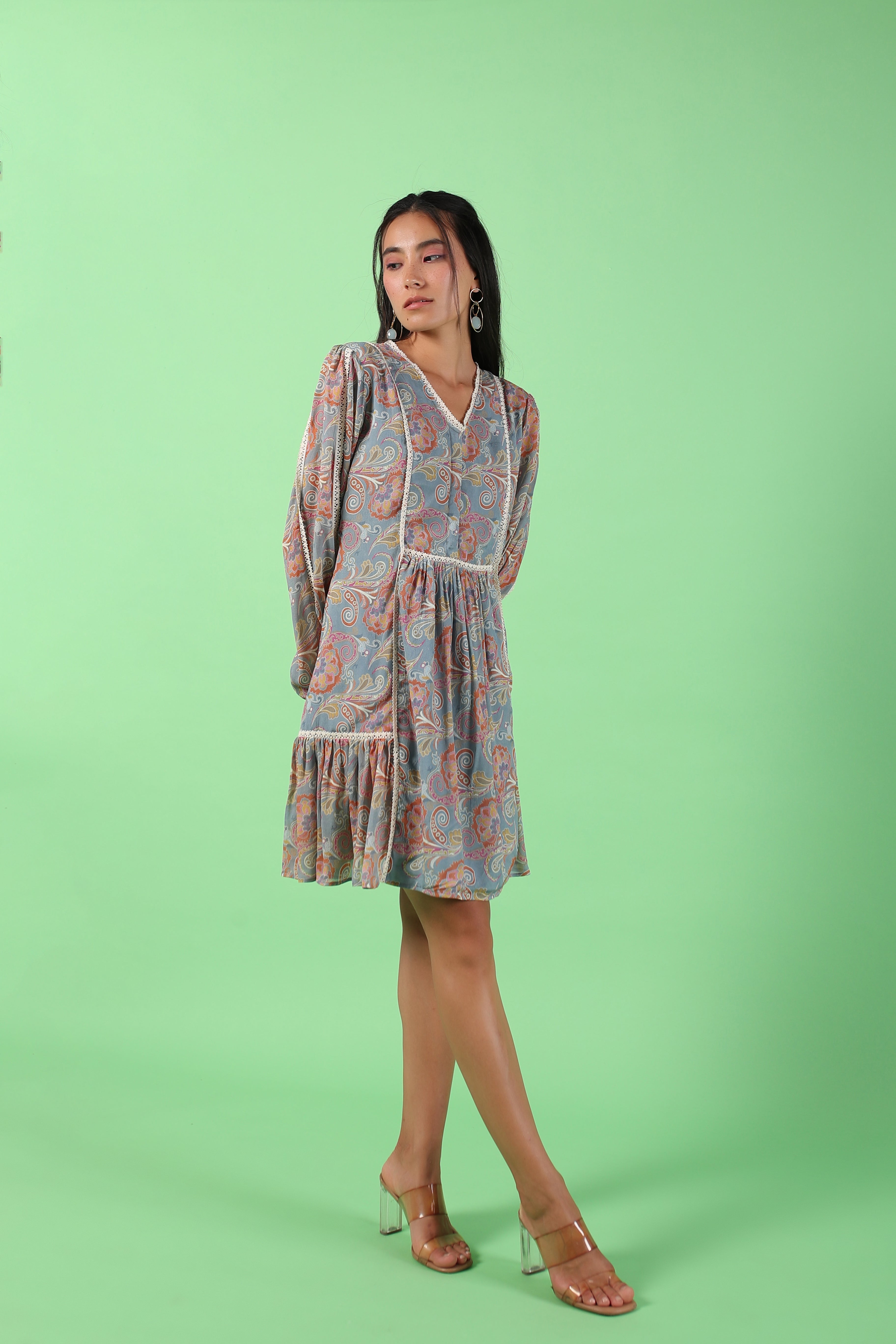 Blue printed knee length dress