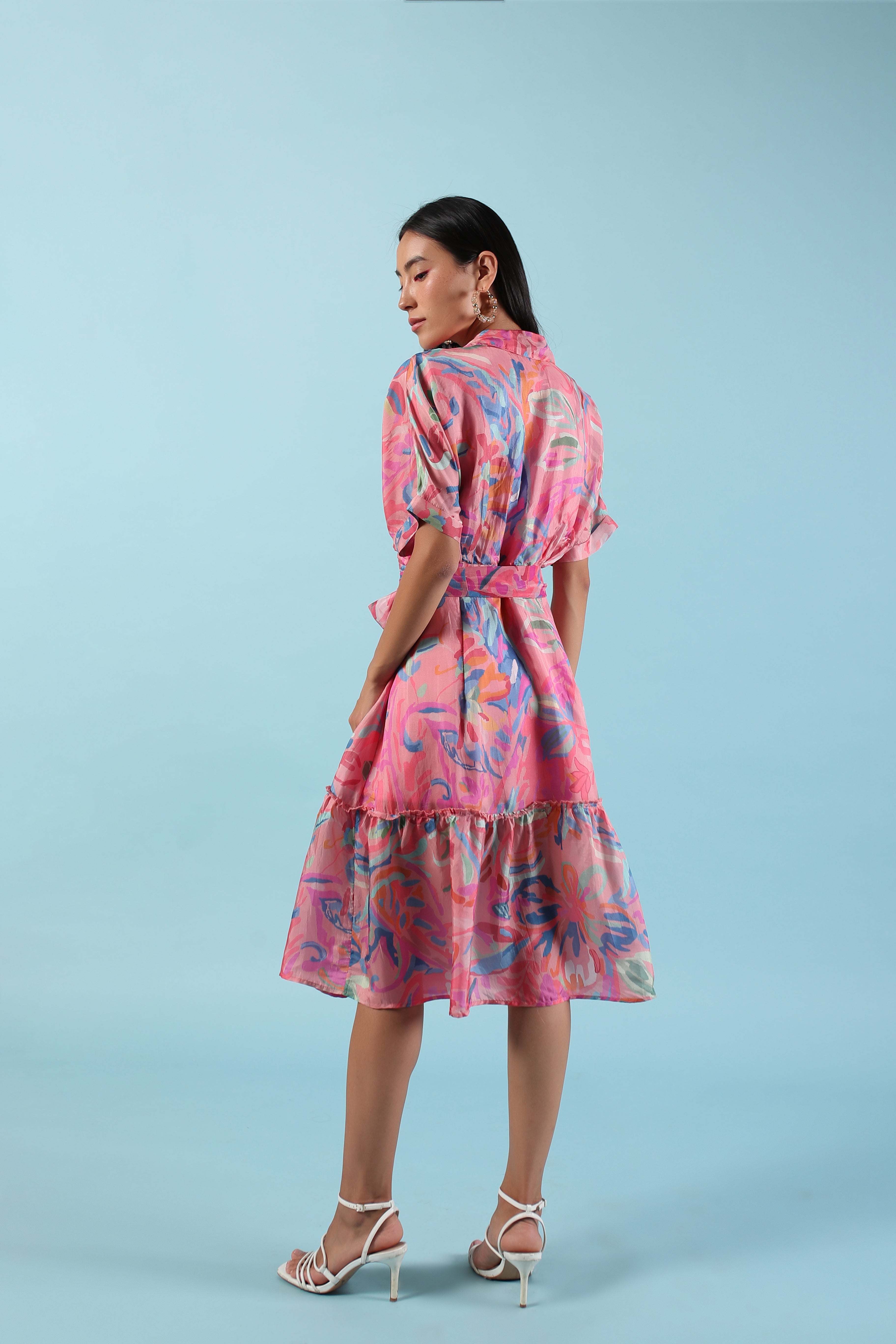 Pink midi printed summer silk dress