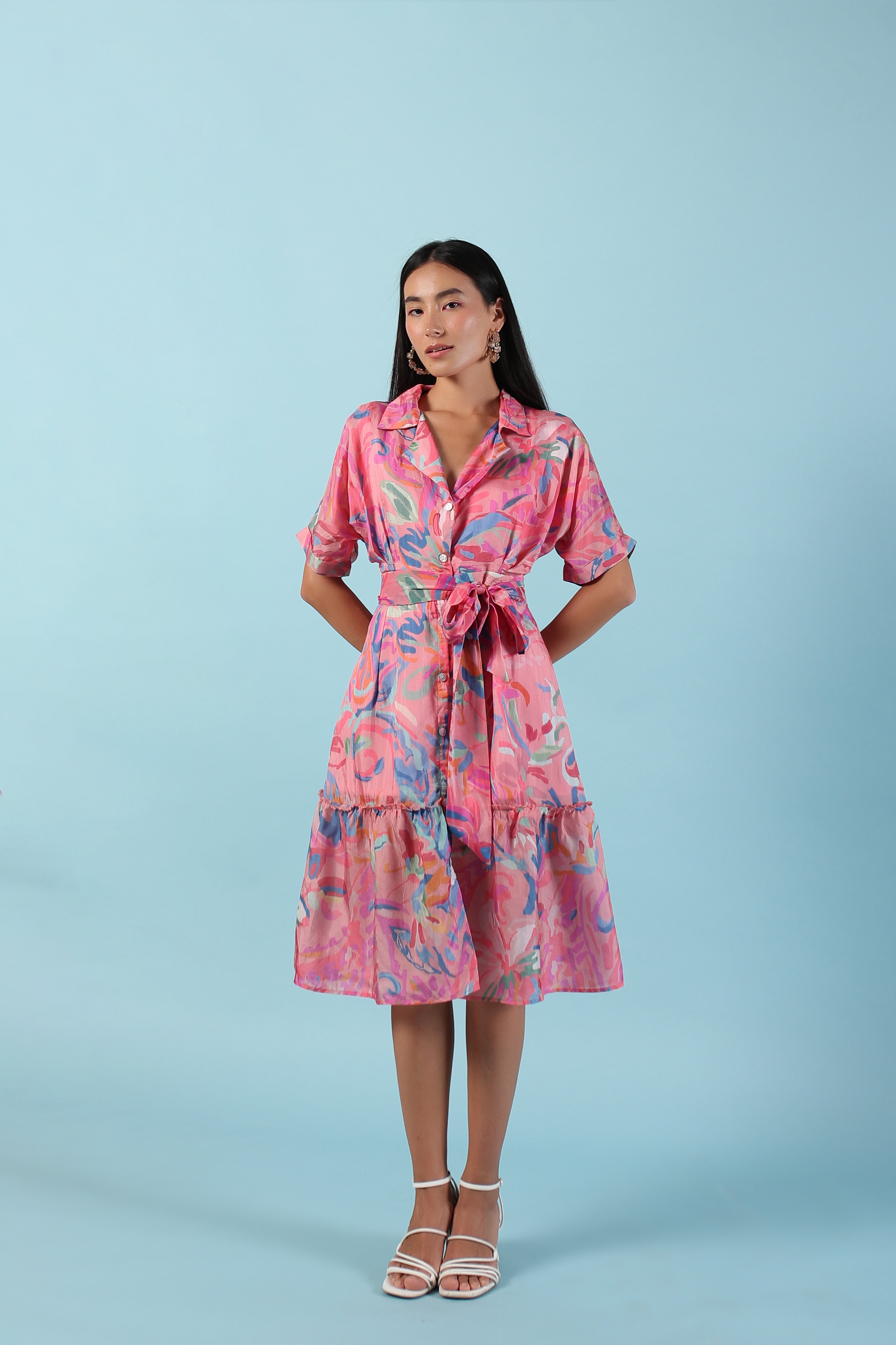 Pink midi printed summer silk dress