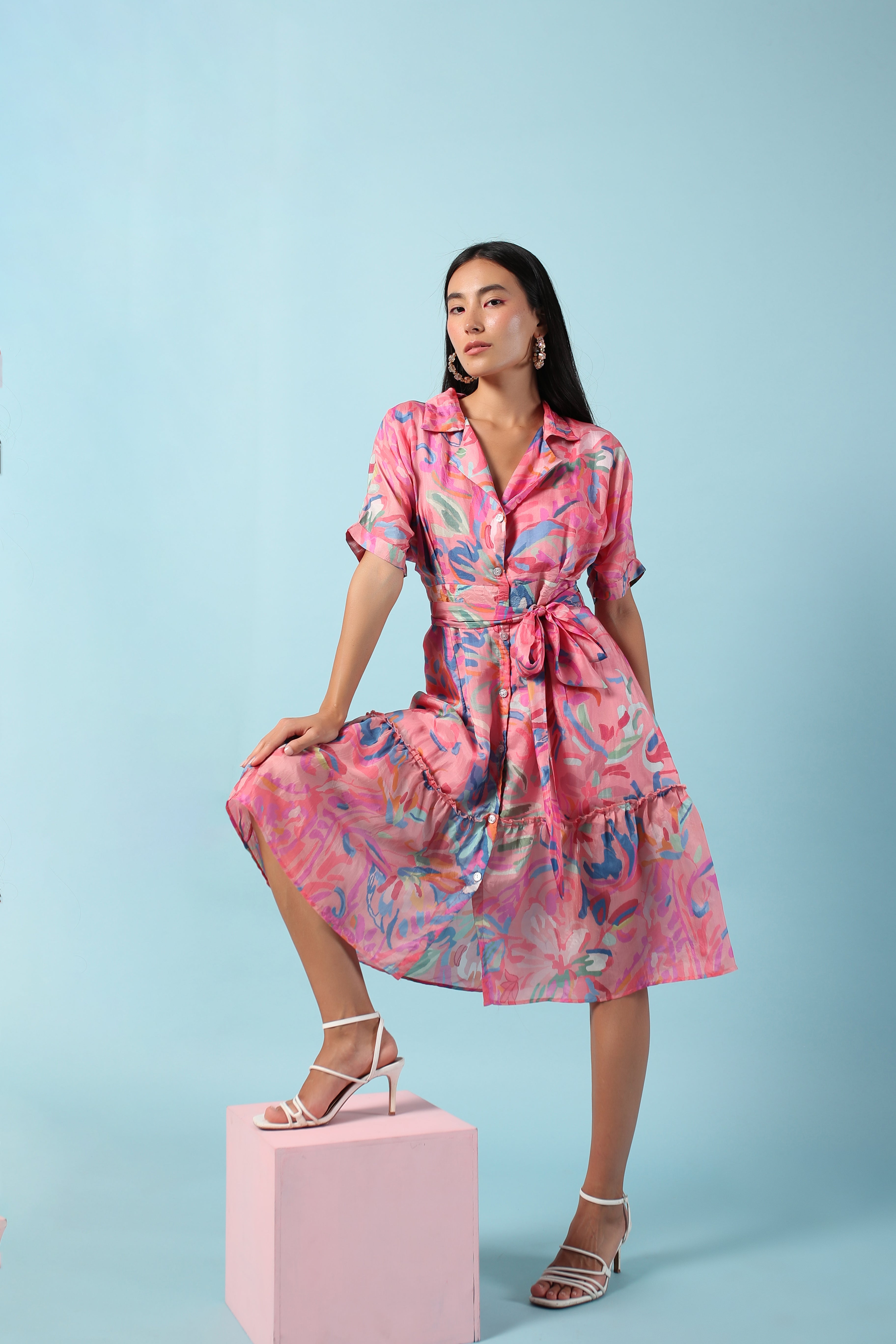 Pink midi printed summer silk dress