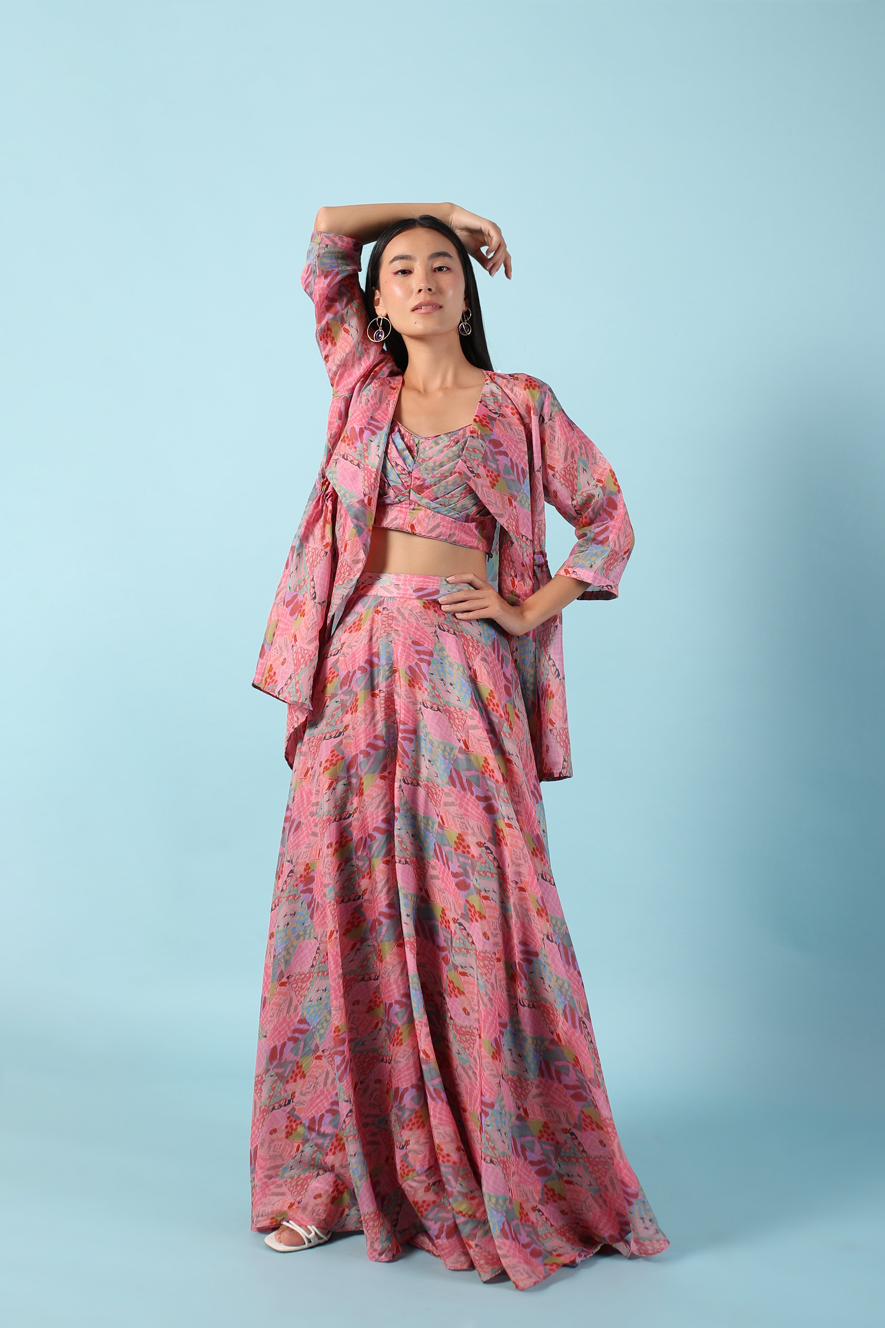 Abstract pink printed bustier Jacket and Skirt Set