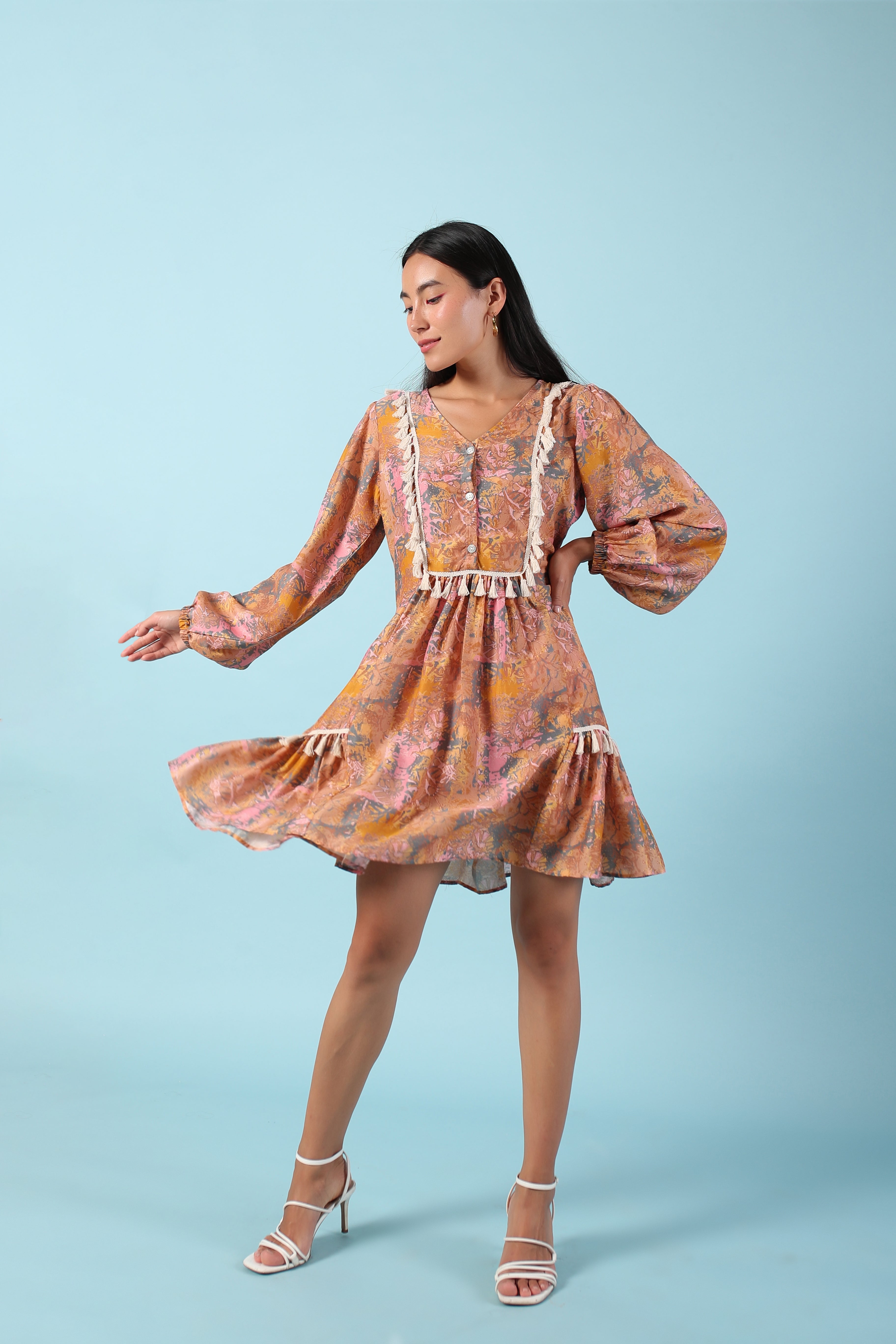 Caramel abstract printed knee length dress