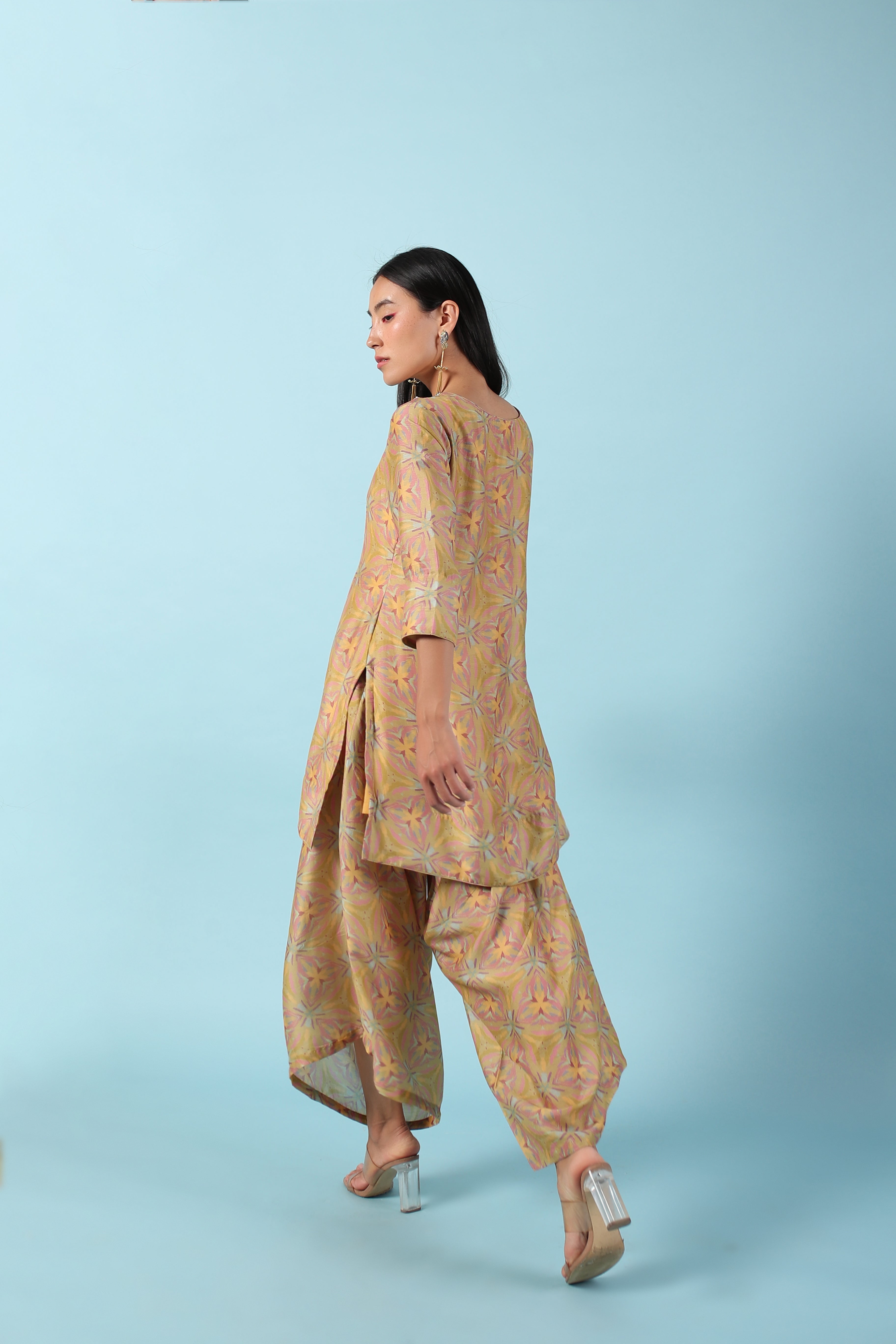 Mustard Asymmetric Kurta and Dhoti Set