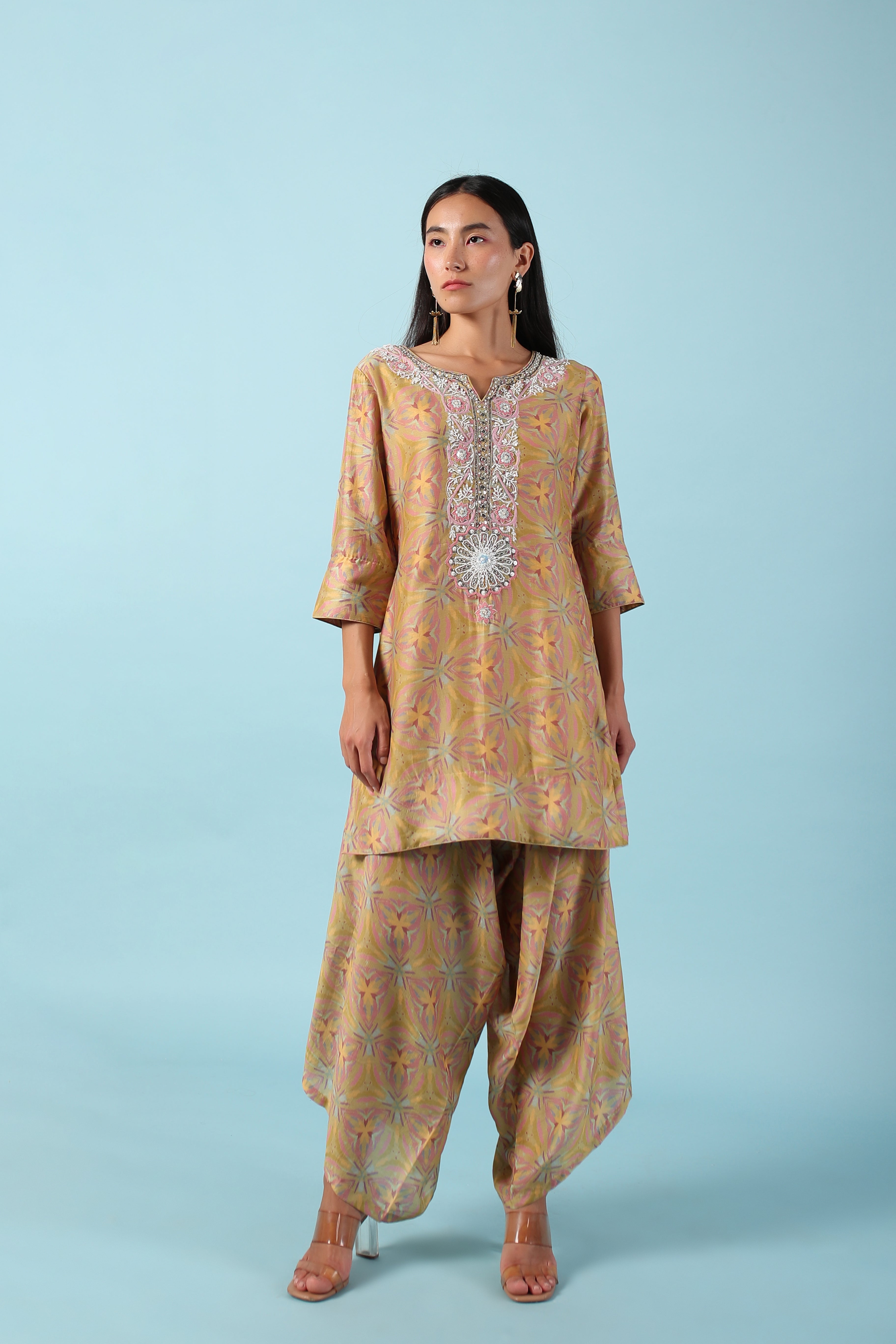 Mustard Asymmetric Kurta and Dhoti Set