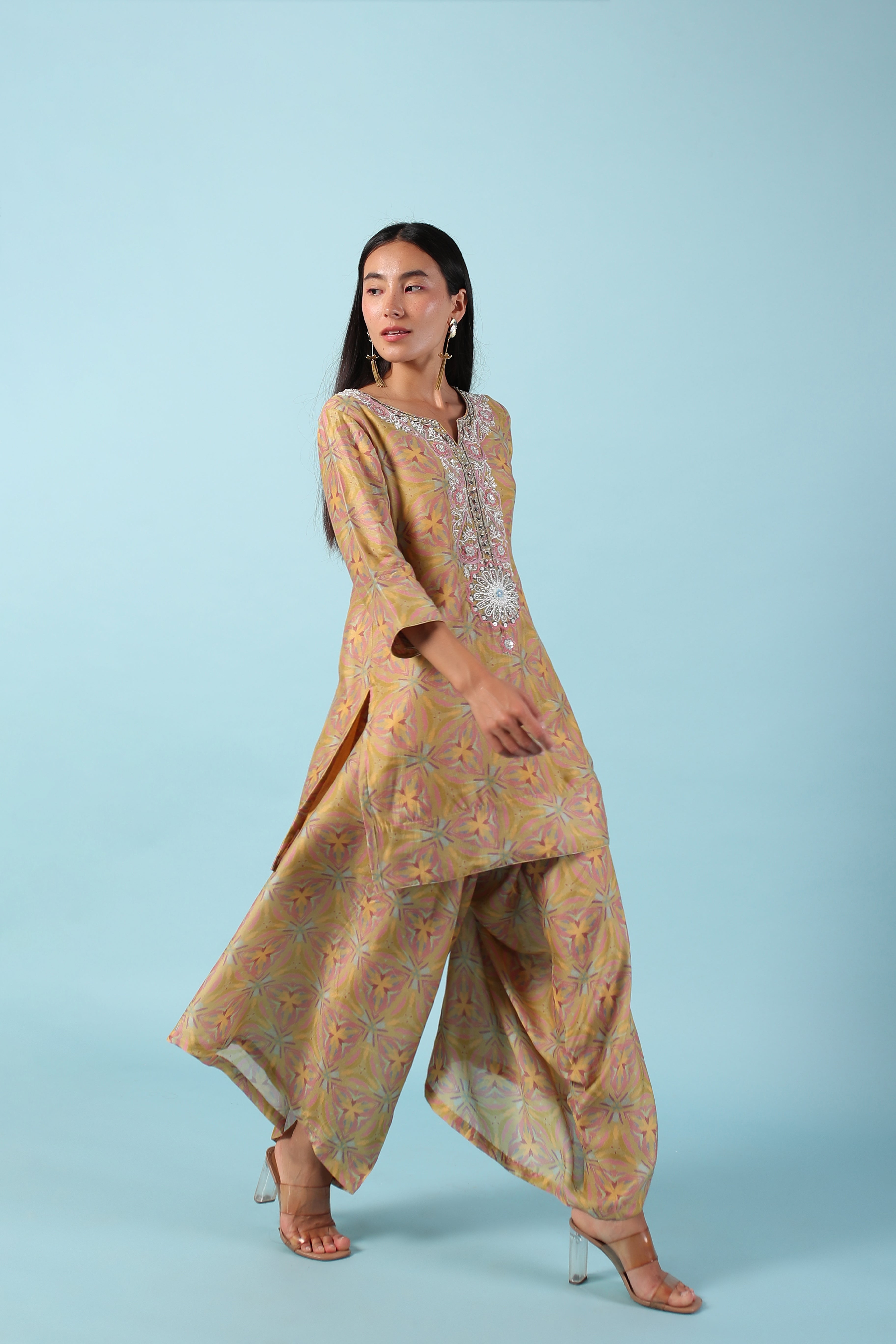 Mustard Asymmetric Kurta and Dhoti Set